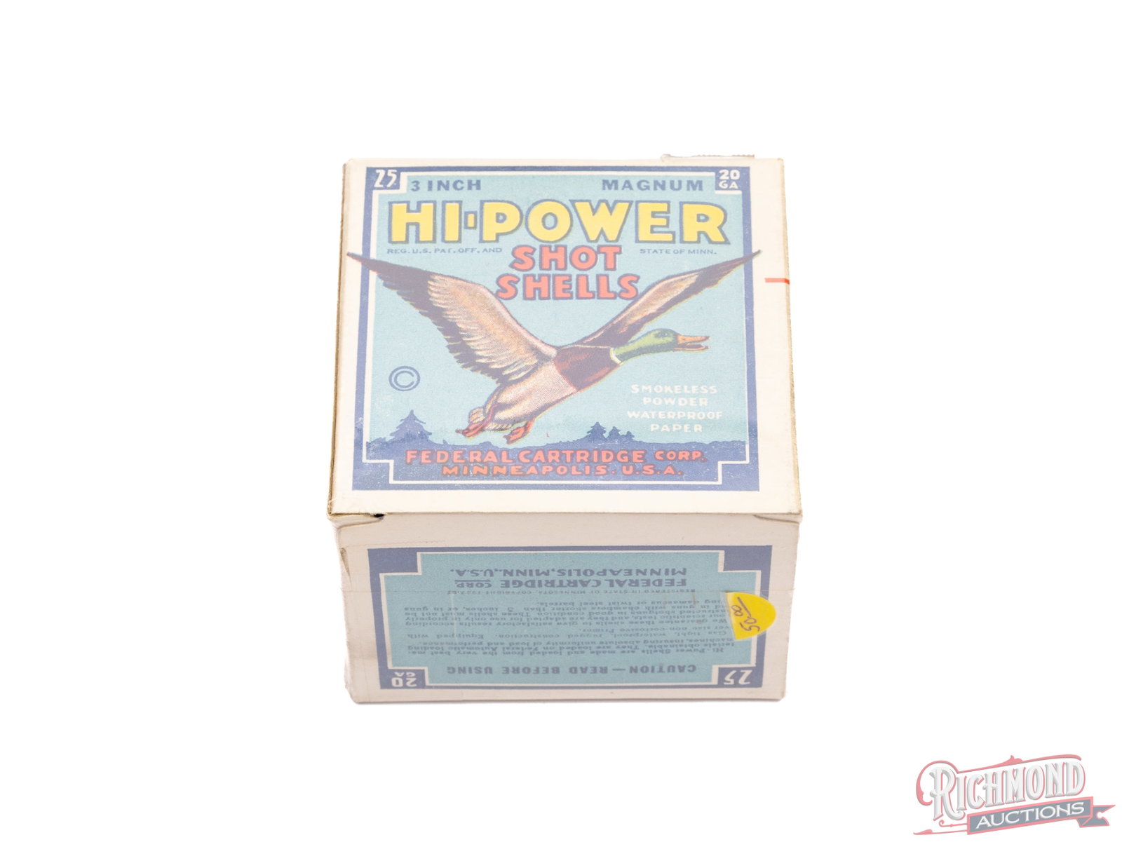Federal Hi-Power 20 Gauge 3" Magnum Shot Shell Collector's Box: This is an empty one piece box that contained 20 gauge 3" magnum shells made by Federal Cartridge Co. The box has great color with the graphic of a mallard duck on the front with the call outs "Smokel