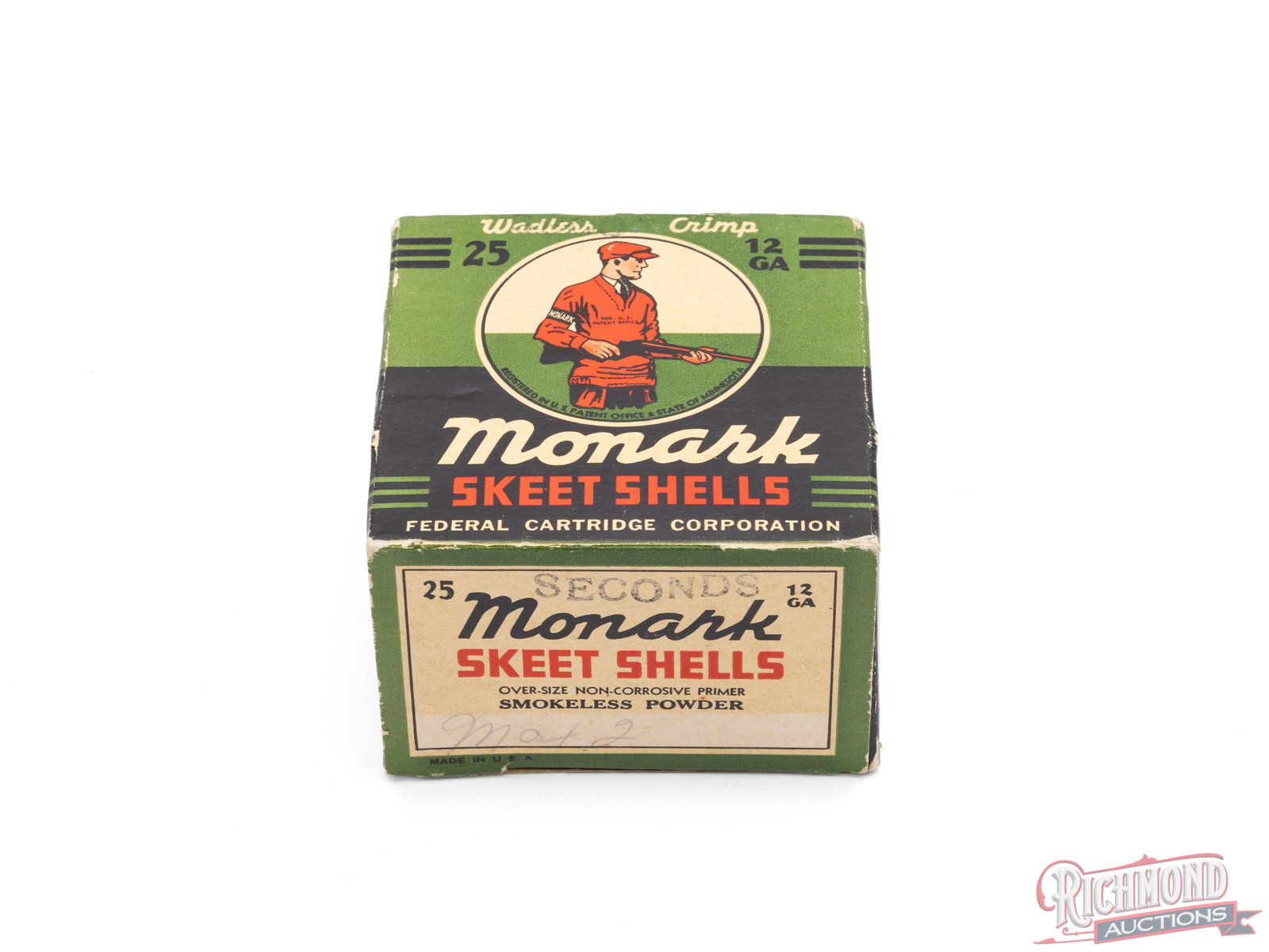 Federal Monark 12 Gauge Skeet Shells "Seconds" Collector's Box: This empty one piece box of 12 gauge Monark Skeet Shells was made by Federal Cartridge Corp. The box is stamped with "Seconds" on the bottom and sides. The box has the additional call out "Over-Size N