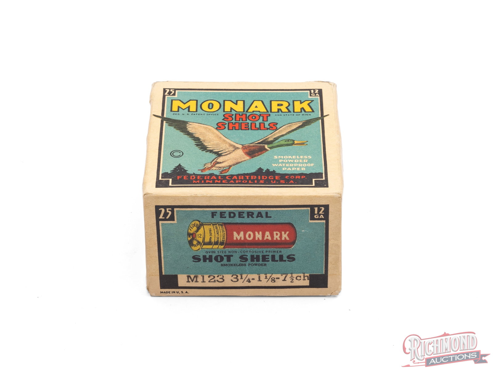 Full Box Of 12 Gauge Federal Monark Shot Shells Smokeless Waterproof: This is a full box of 12 gauge Monark shot shells made by Federal Cartridge Co. The box features the graphic of a mallard duck on the front with the call outs "Smokeless Powder, Waterproof Paper". CAL