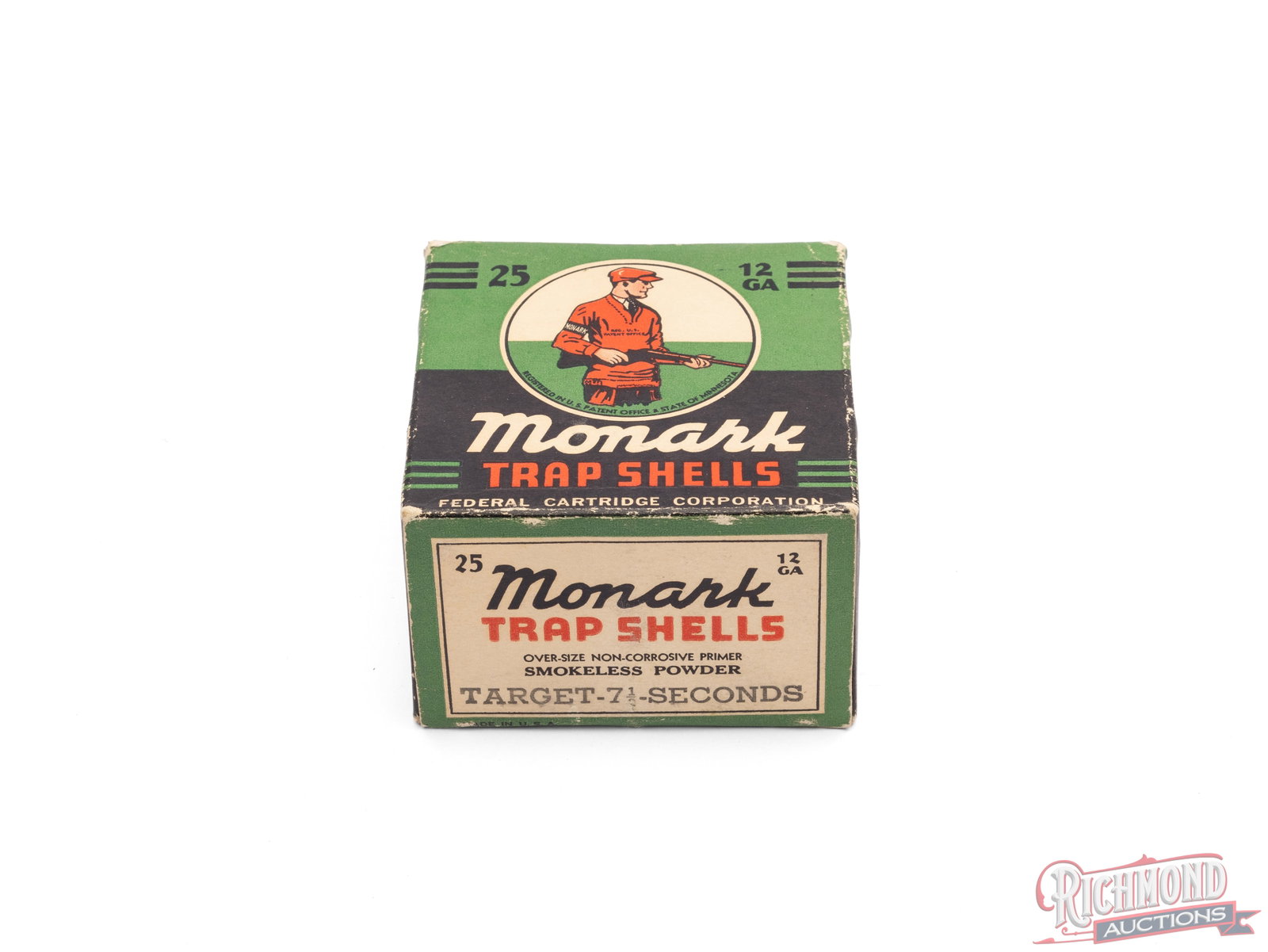 Full Box Of Federal Monark 12 Gauge Trap Shells: This is a full box of 12 gauge Monark Trap shells made by Federal Cartridge Corp. The green box retains good color and has the call out "Over-size non-corrosive smokeless powder", and labels the