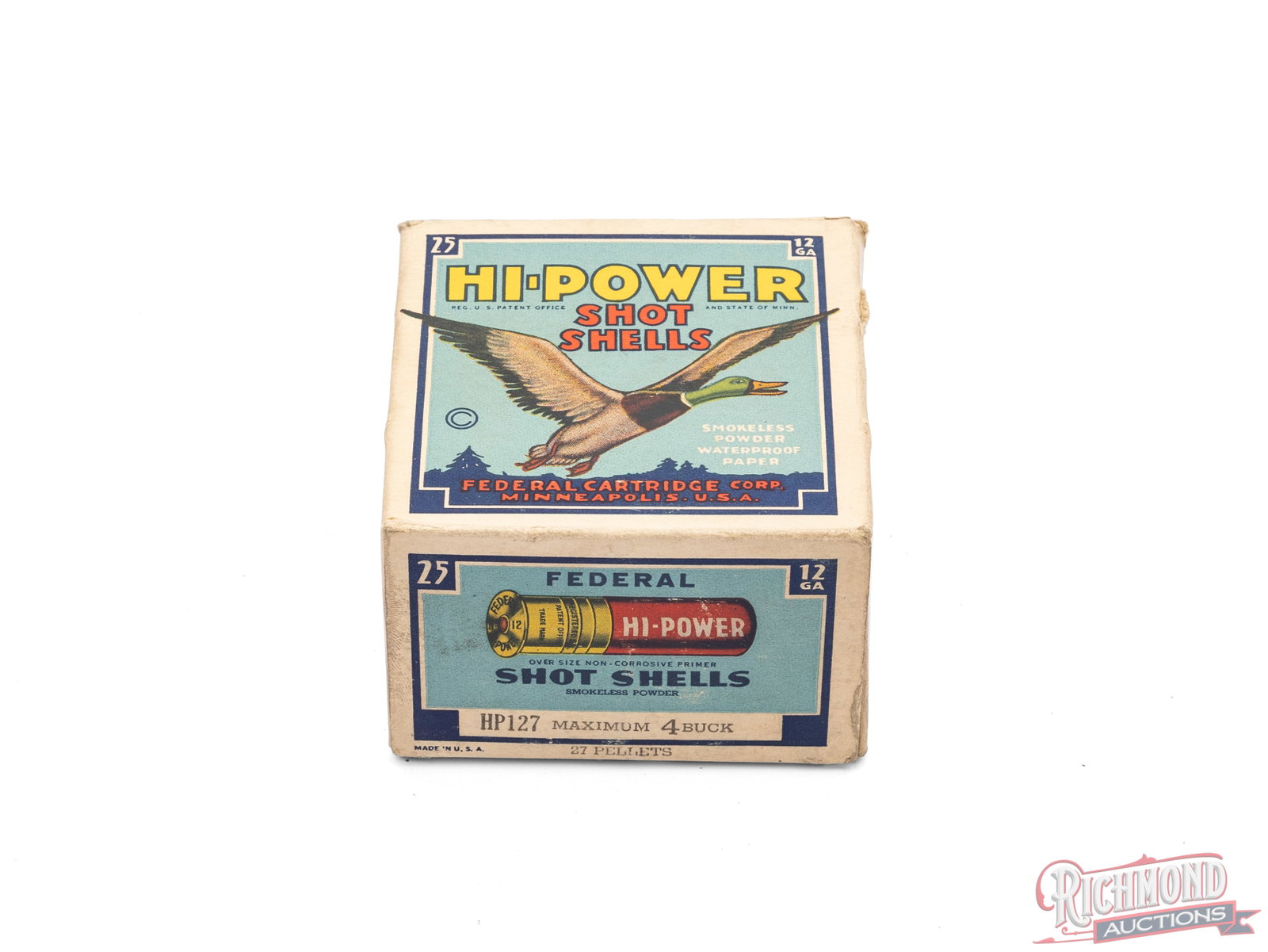 Partial Box Of Federal Hi-Power 12 Gauge Shot Shells: This box contains 23 of the 25 12 gauge Hi-Power shells made by Federal Cartridge Co. The one piece box features a mallard duck on the front panel with the call out "Smokeless Powder, Waterproof Paper