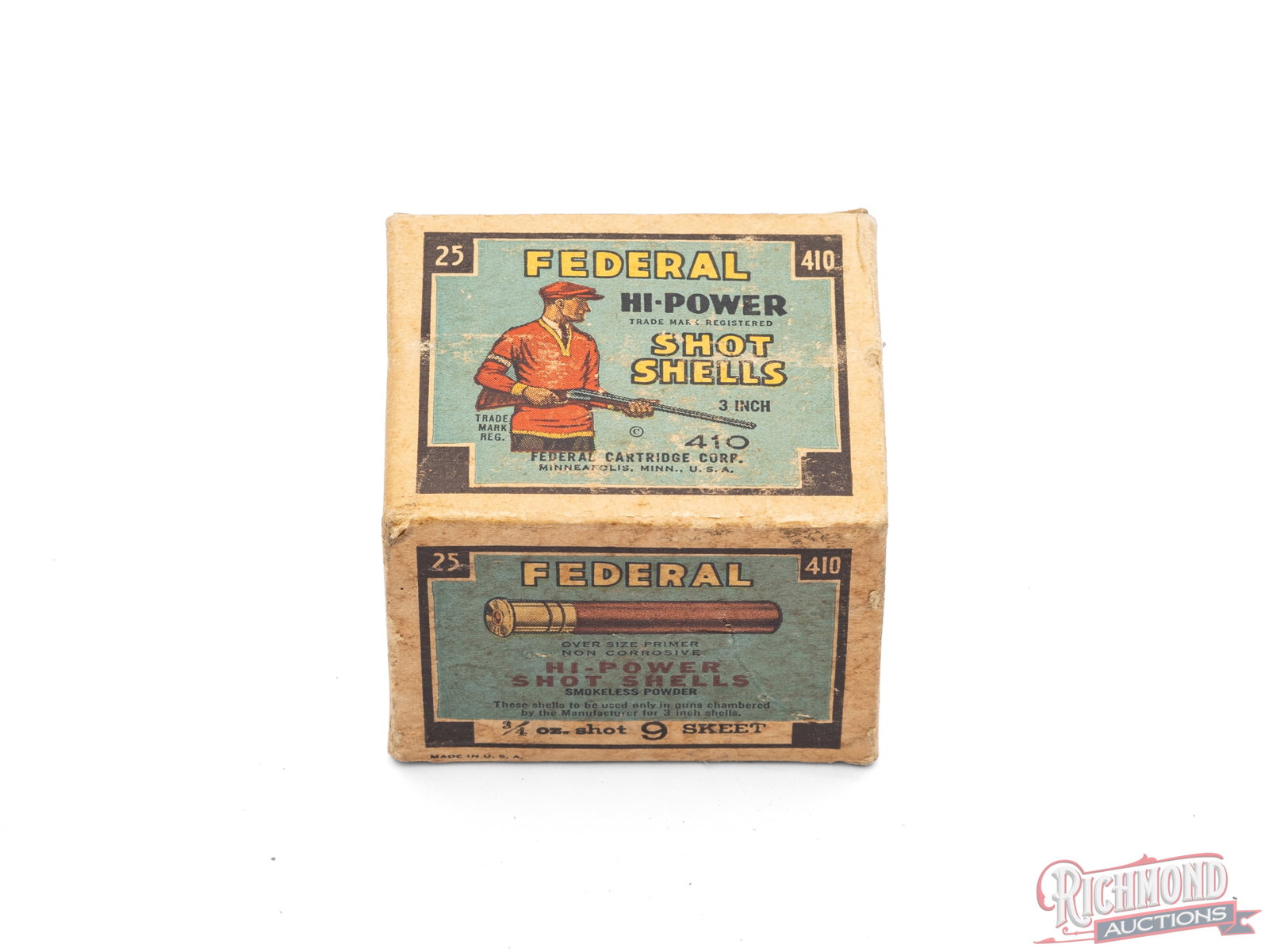 Full Box Of Federal Hi-Power .410 Gauge 3" Shot Shells: This full one piece box contains .410 gauge Hi-Power shot shells made by Federal Cartridge Corp, Minneapolis, Minn. The 3" shells are loaded with #9 Skeet shot. CALIBER/GA: 410 Gauge. Condition FAIR