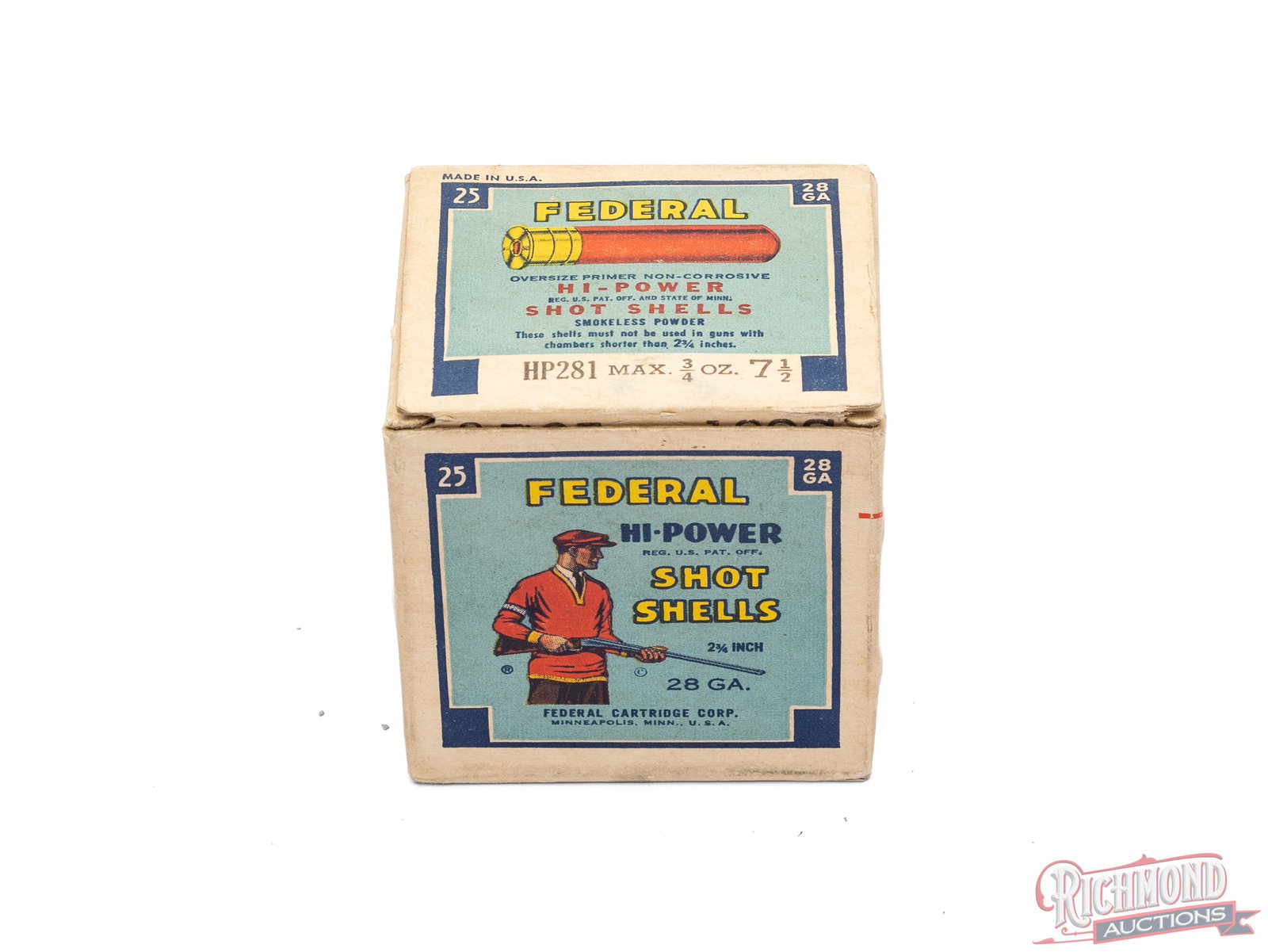 Full Box Of 28 Gauge Federal Hi-Power 2 3/4" Shells: This is a full box of 28 gauge Hi-Power shot shells made by Federal Cartridge Corp., Minneapolis, Minn. This one piece box features a blue label on each side with the call out of "Oversize primer, non