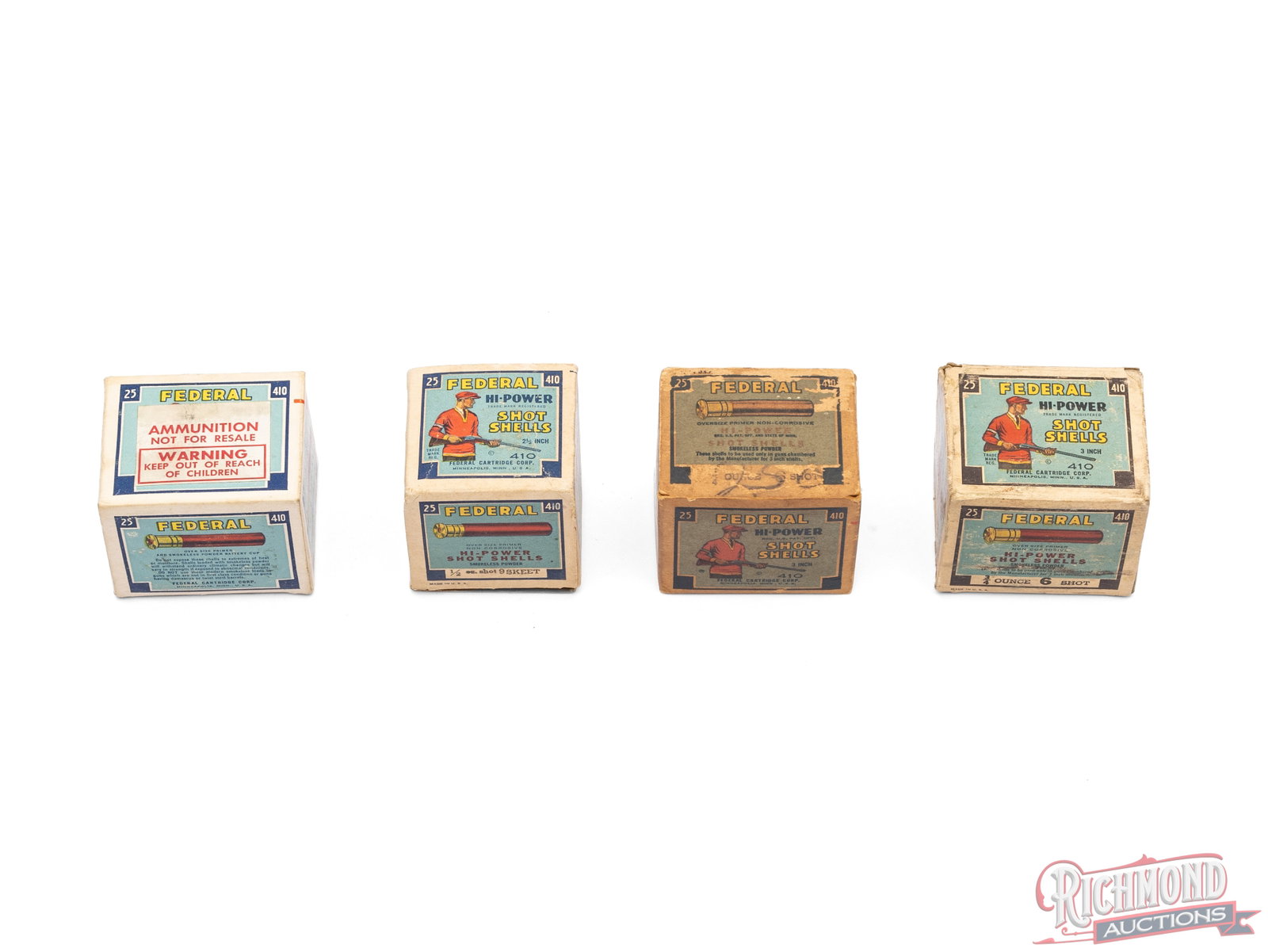 Four Boxes Of Federal .410 Gauge Hi-Power Shot Shells Including Two Full Boxes: There are two full and two empty boxes of .410 gauge Hi-Power Shot shells made by Federal Cartridge Co. There is one box of 2 1/2" shells with no load information and two 3" with printed information. 