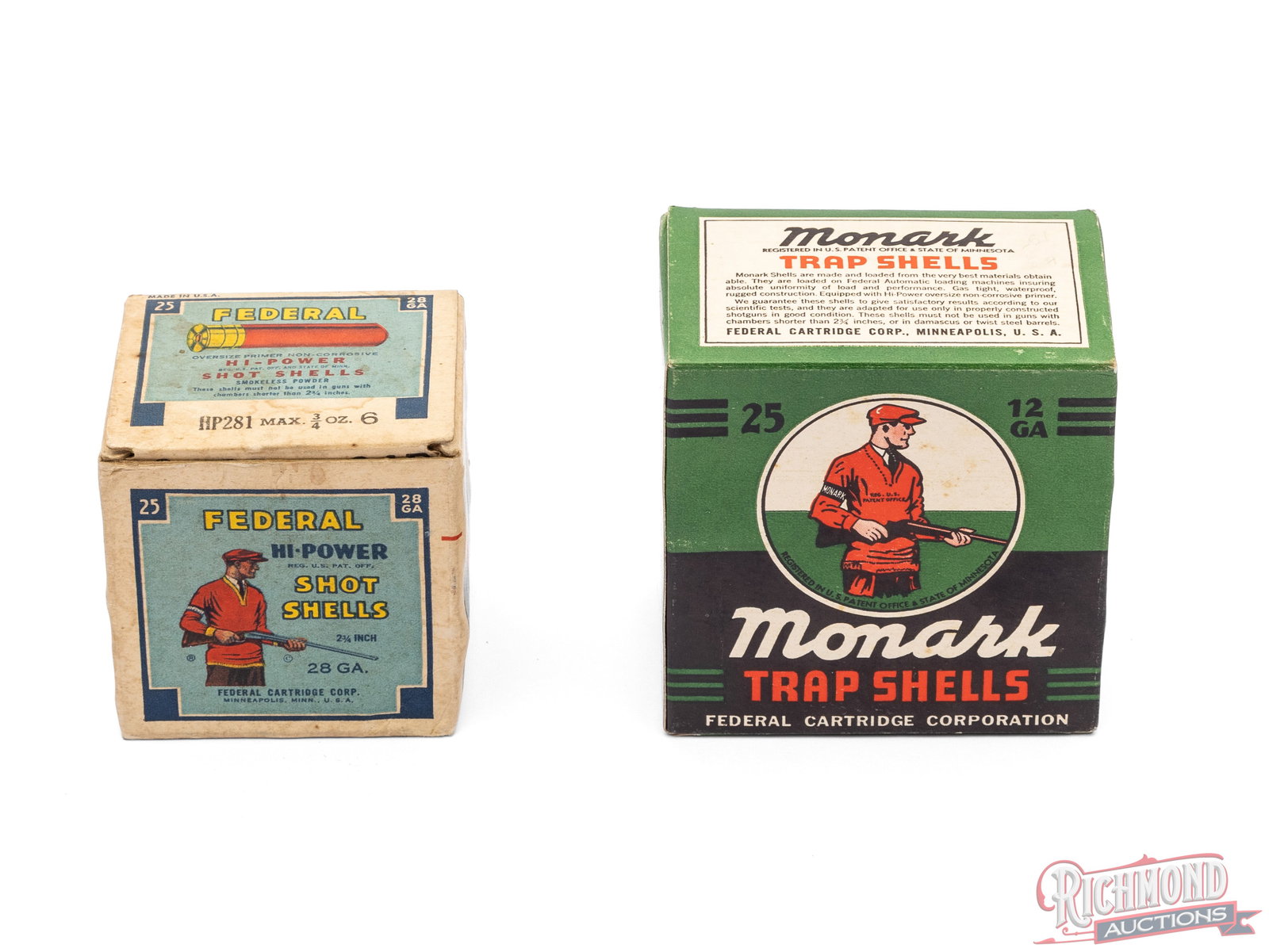 Two Full Federal Hi-Power And Monark Shell Boxes 12 Gauge And 28 Gauge: This lot contains two full boxes of shells made by Federal Cartridge Co. The first box contains 28 gauge Hi-Power shot shells. The box has a light blue label and states "Smokeless Powder". The second 