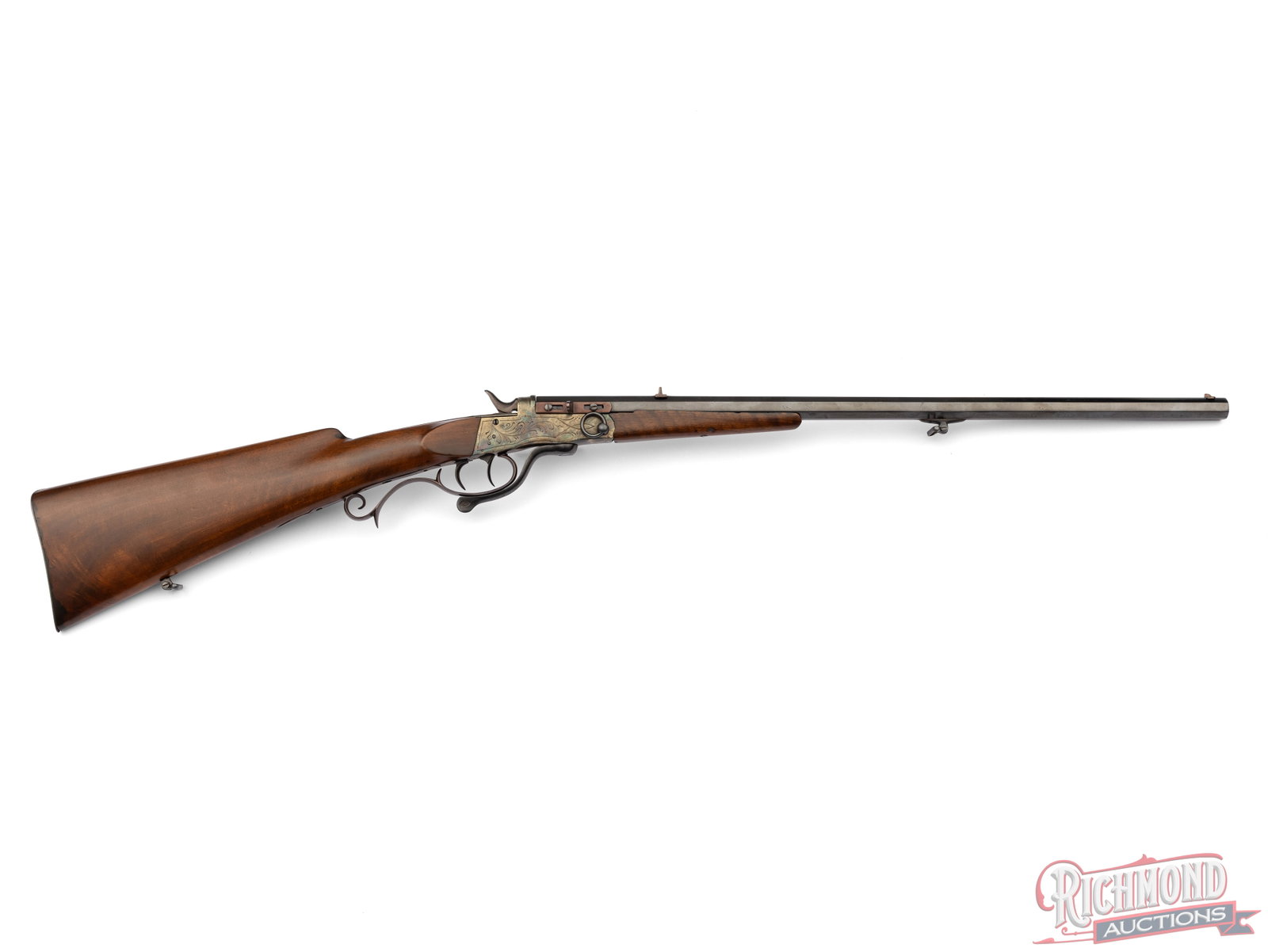 Pre-War German Stalking Rifle: Made in Germany circa 1920 for use as a Stalking rifle or garden gun. Blued 23" rifled octagon barrel with rifle sights and remnants of German proofs in unknown .36 or 9m/m centerfire caliber. Case
