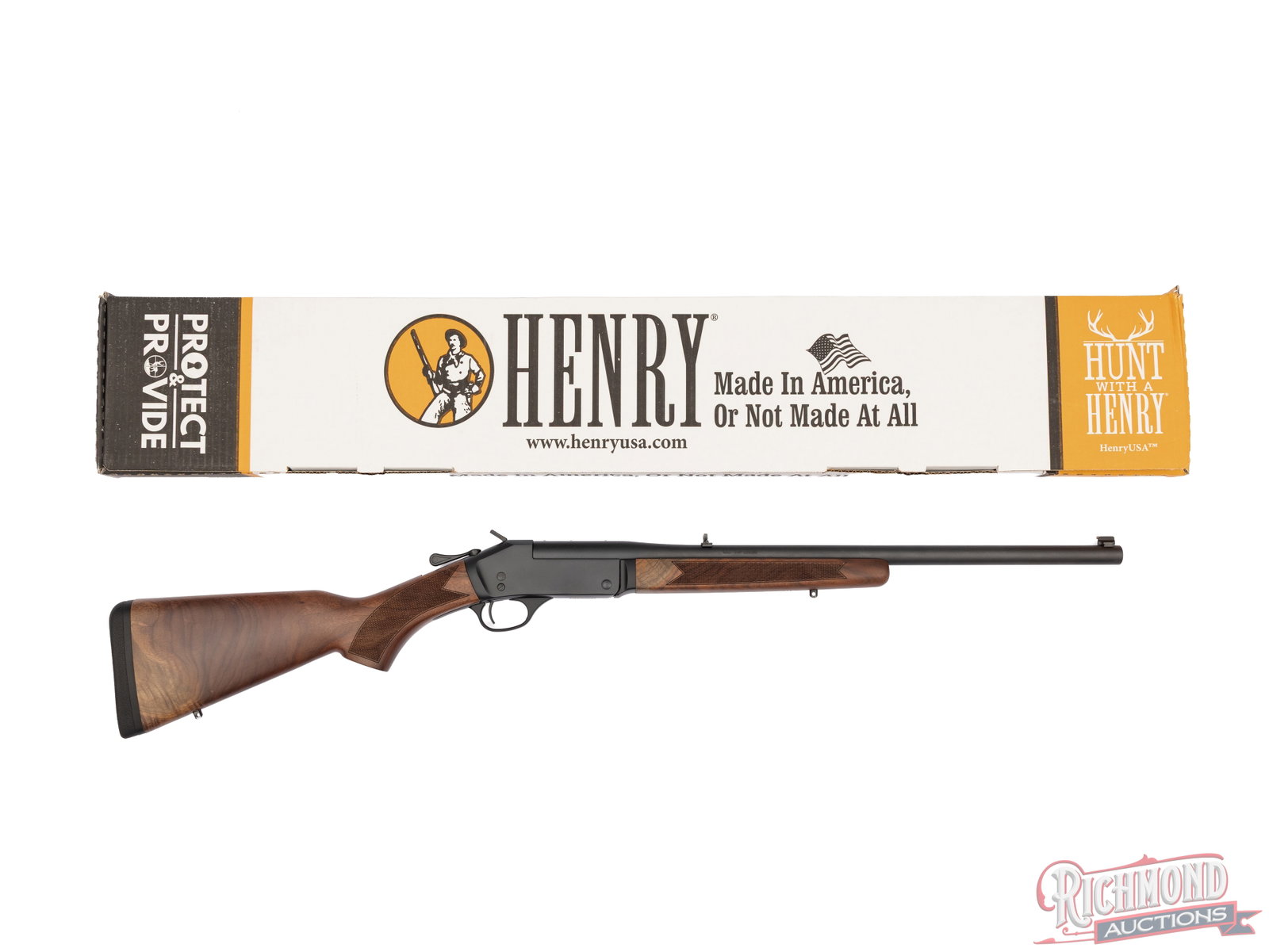 Henry Single Shot H015 350 Legend Break Action Rifle In Original Box: Manufactured by Henry. Features a 22" matte black barrel with folding rear leaf sight and blade with brass bead front sight. Drilled and tapped for optics. Matte finish receiver, break action, single