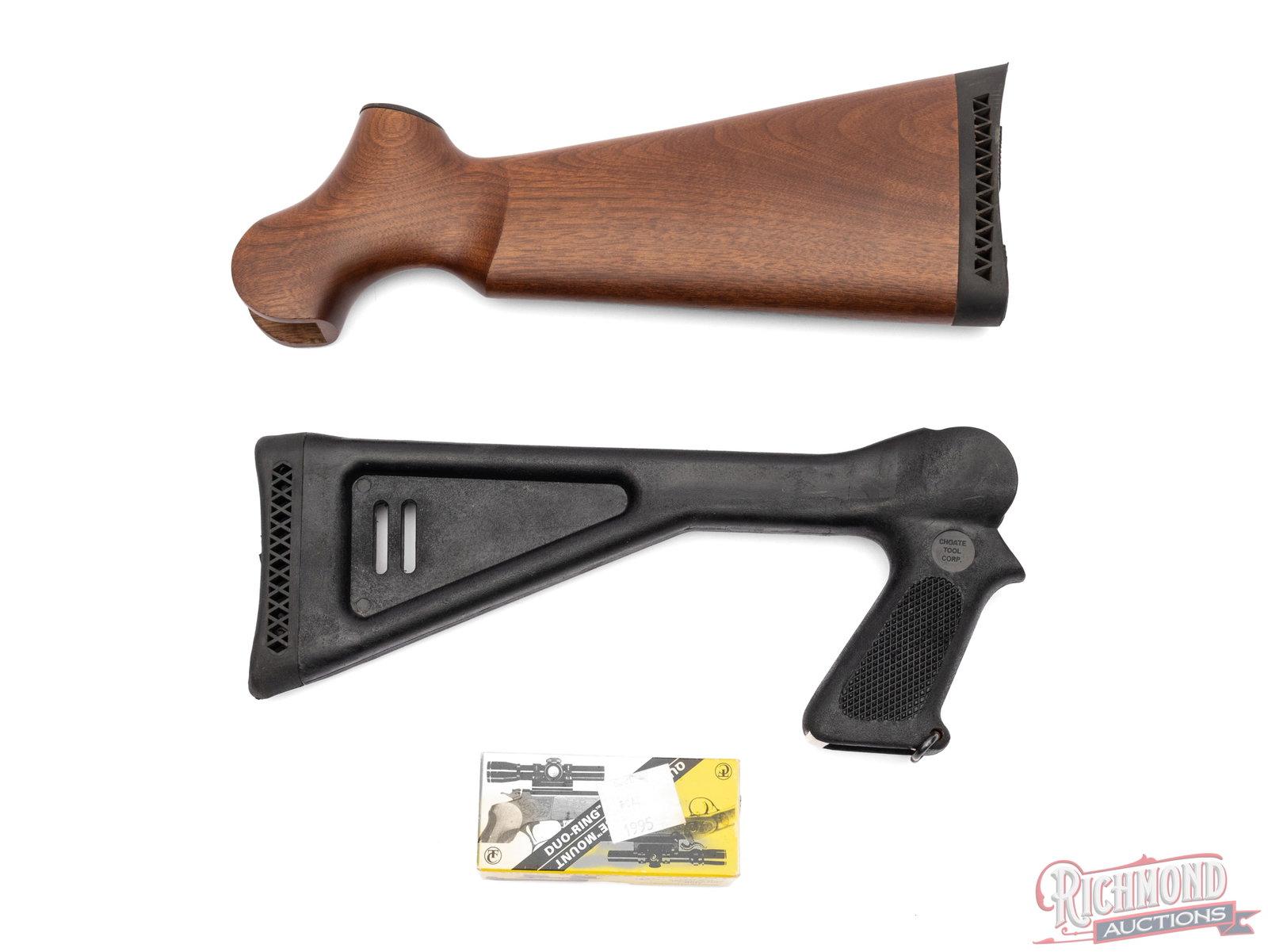 Thompson Center Contender Accessory Lot: Lot consists of synthetic shoulder stock and wooden shoulder stock for Thompson Contender along with rear sight. Condition GOOD with light wear