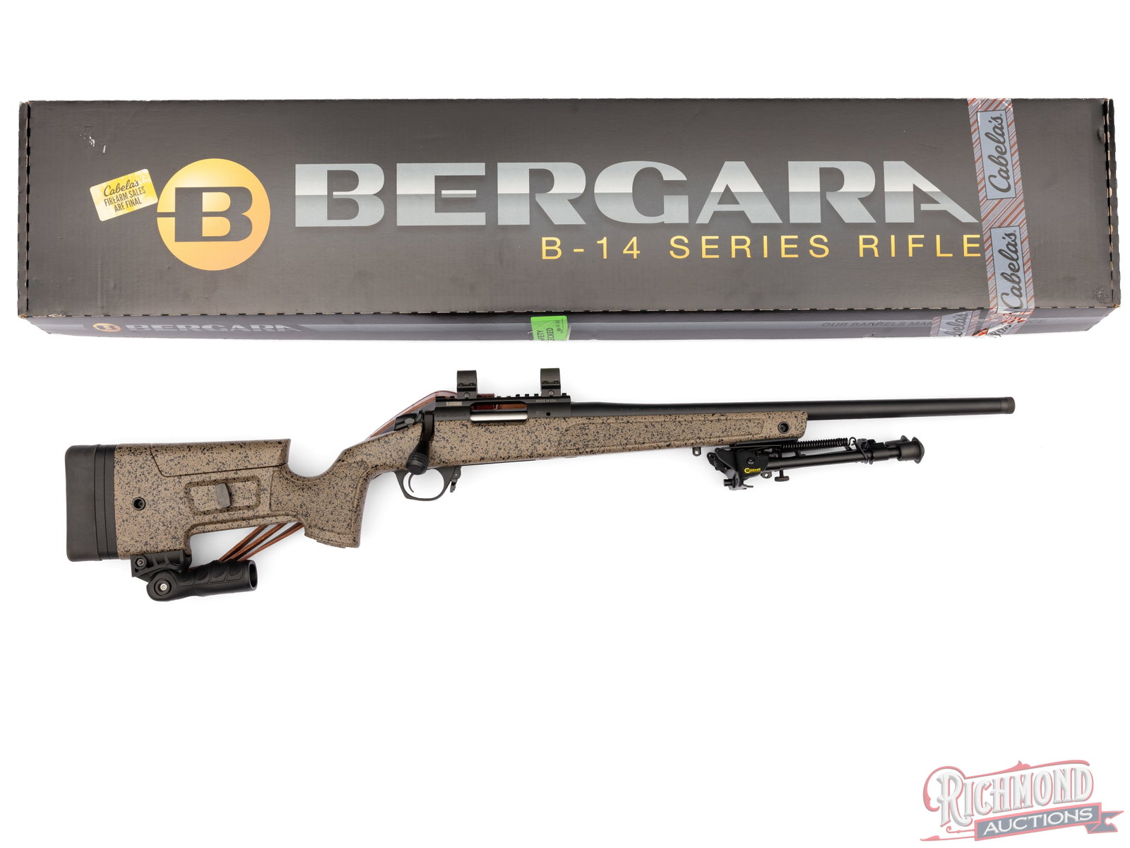 Bergara B-14 HMR Bolt Action Rifle in .308 WIN With Factory Box & Accessories: Manufactured by Bergara in Spain. Features a 20" matte sightless tapered barrel with threaded muzzle. Equipped with a Blackhawk Picatinny rail and scope rings. B14 bolt action with two-position