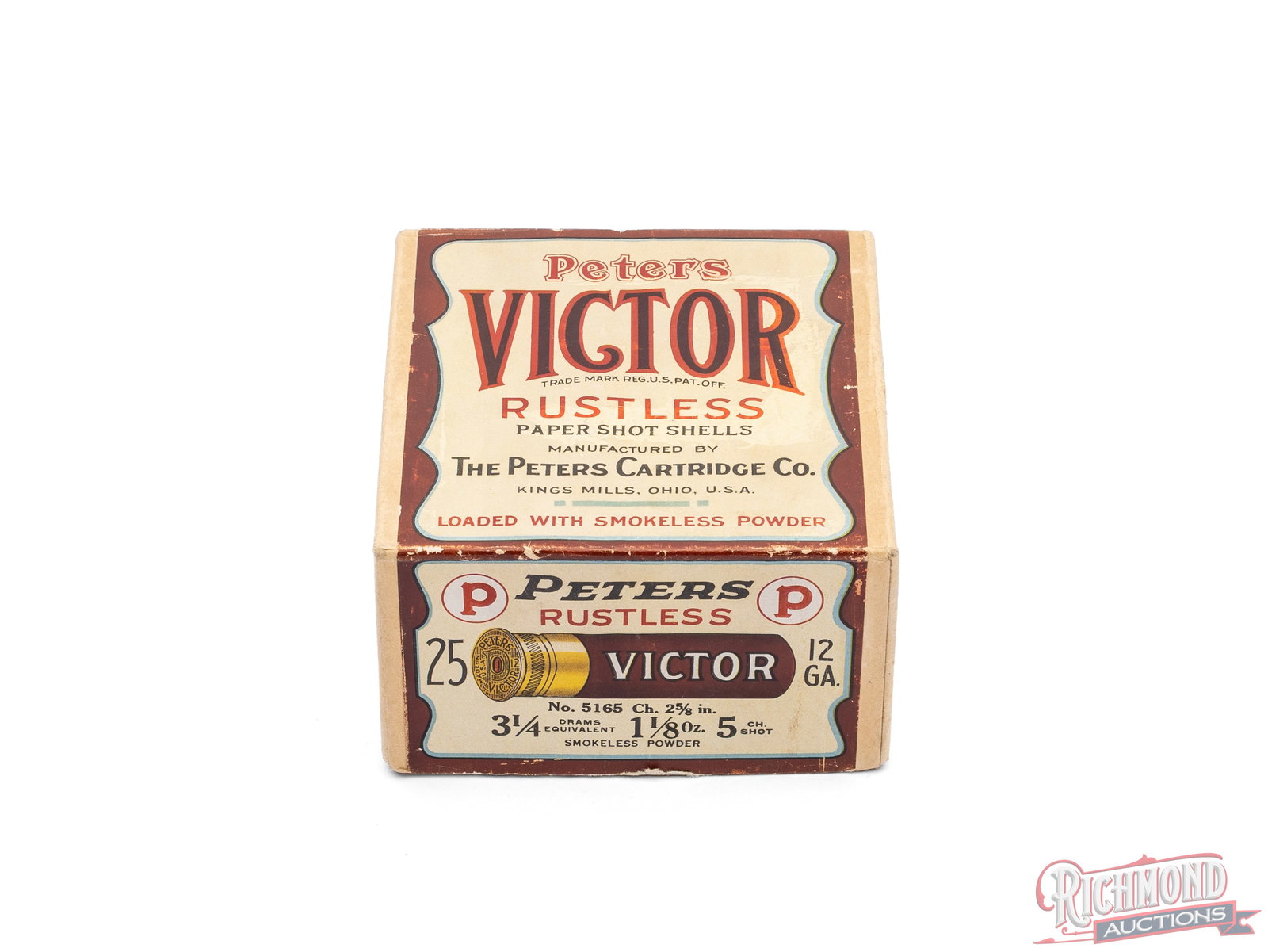 Partial Two Piece Peters Victor 12 Gauge 2 5/8" Rustless Paper Shot Shells: This two piece box of 12 gauge 2 5/8" Victor Shells were made by Peters Cartridge Co., Kings Mill, Ohio. The dark red and white label calls out the shells as "Victor Rustless Paper Shot Shells". In