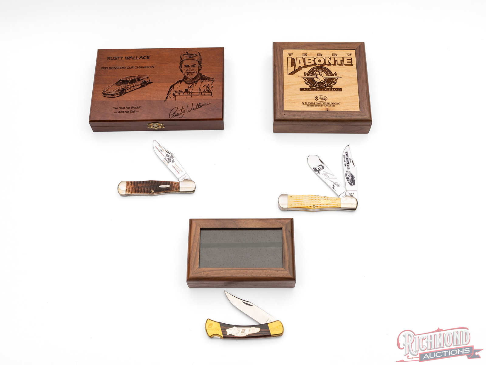 Three Case XX & Buck Collector Folder Knives Nascar Rusty Wallace & Terry Labonte Commemorative: Includes one Buck lockback knife commemorating Rusty Wallace. Features brass liner and bolsters etched with Matco Tools Racing and Rusty Wallace 2 signature. Comes in the original wood and glass displ