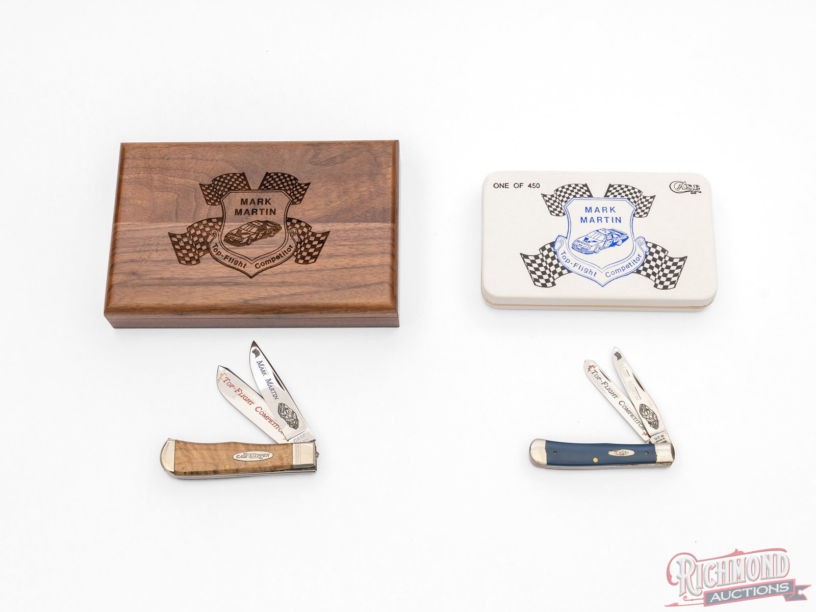 Two Case XX Mark Martin Signed COA Top-Flight Commemorative Folder Knives in Original Cases: One Case model 1223 Bullet Trapper made in 1993 to commemorate Mark Martin, Top-Flight Competitor. Comes in the original wood display case with the COA signed by Mark Martin (has not been