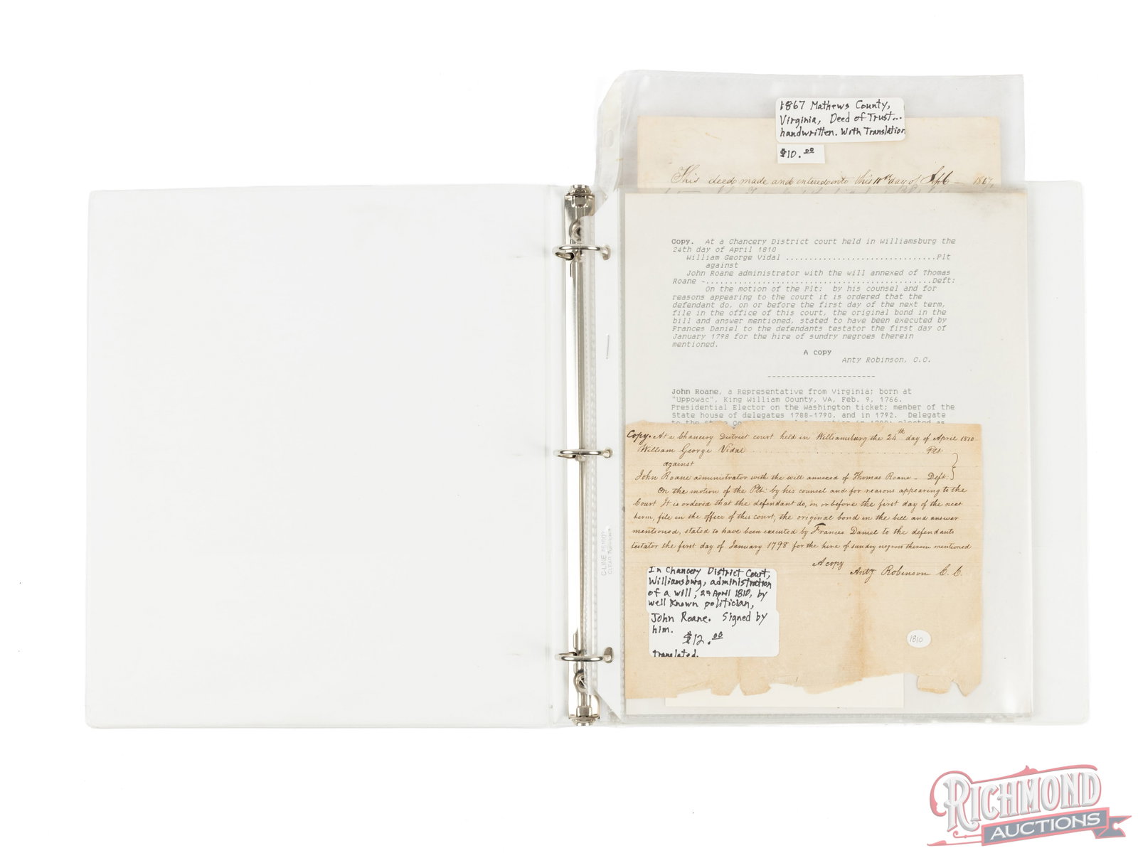 Documents From Mathews County, VA Politician John Roan and Collection of Photos: This lot contains historical documents and vintage photos. Included is an administration of a will, dated 1810, and signed by politician John Roane, and a deed of trust dated 1867, from Mathews