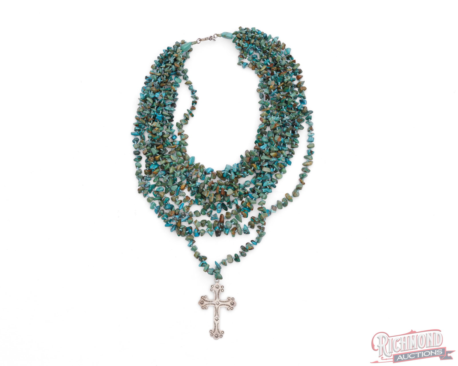 Native American Multi-Strand Turquoise Nuggets Necklace With Silver Cross Charm: This beautiful necklace features 10 strands of colorful turquoise stone nuggets ranging from bright blue to mint green. Lobster claw style clasp is stamped "925" sterling silver with threaded strands