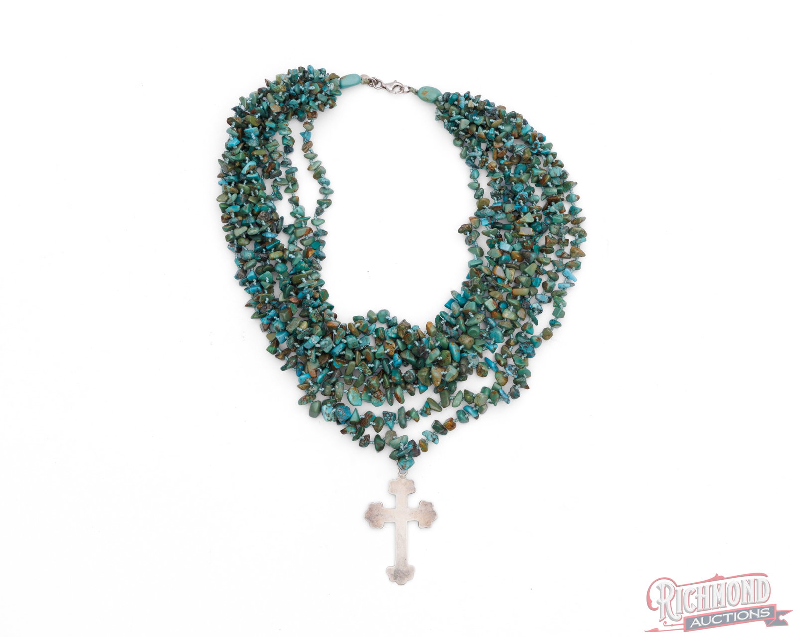 Native American Multi-Strand Turquoise Nuggets Necklace With Silver Cross Charm - 2
