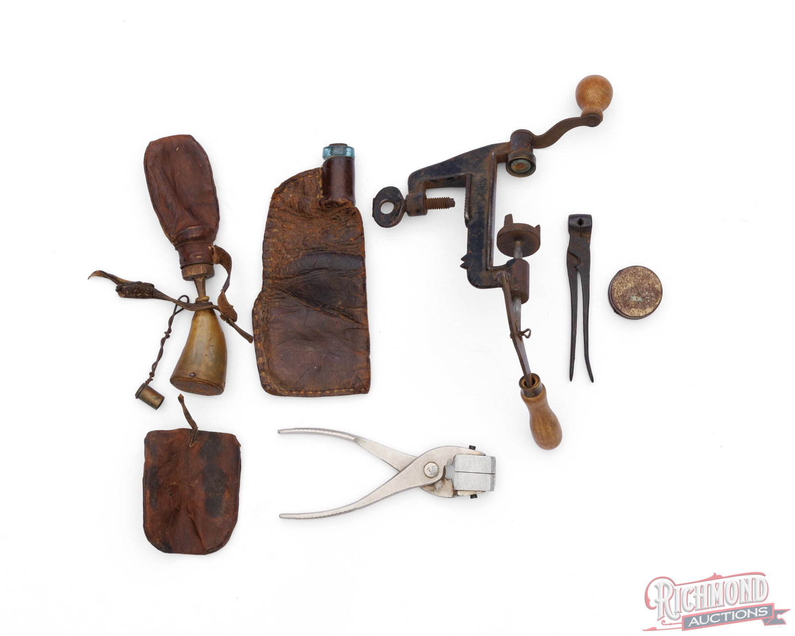 Lot Vintage Leather Powder Flasks, Powderhorn, Bullet Molds & Sears Roebuck Vise Tool - 2