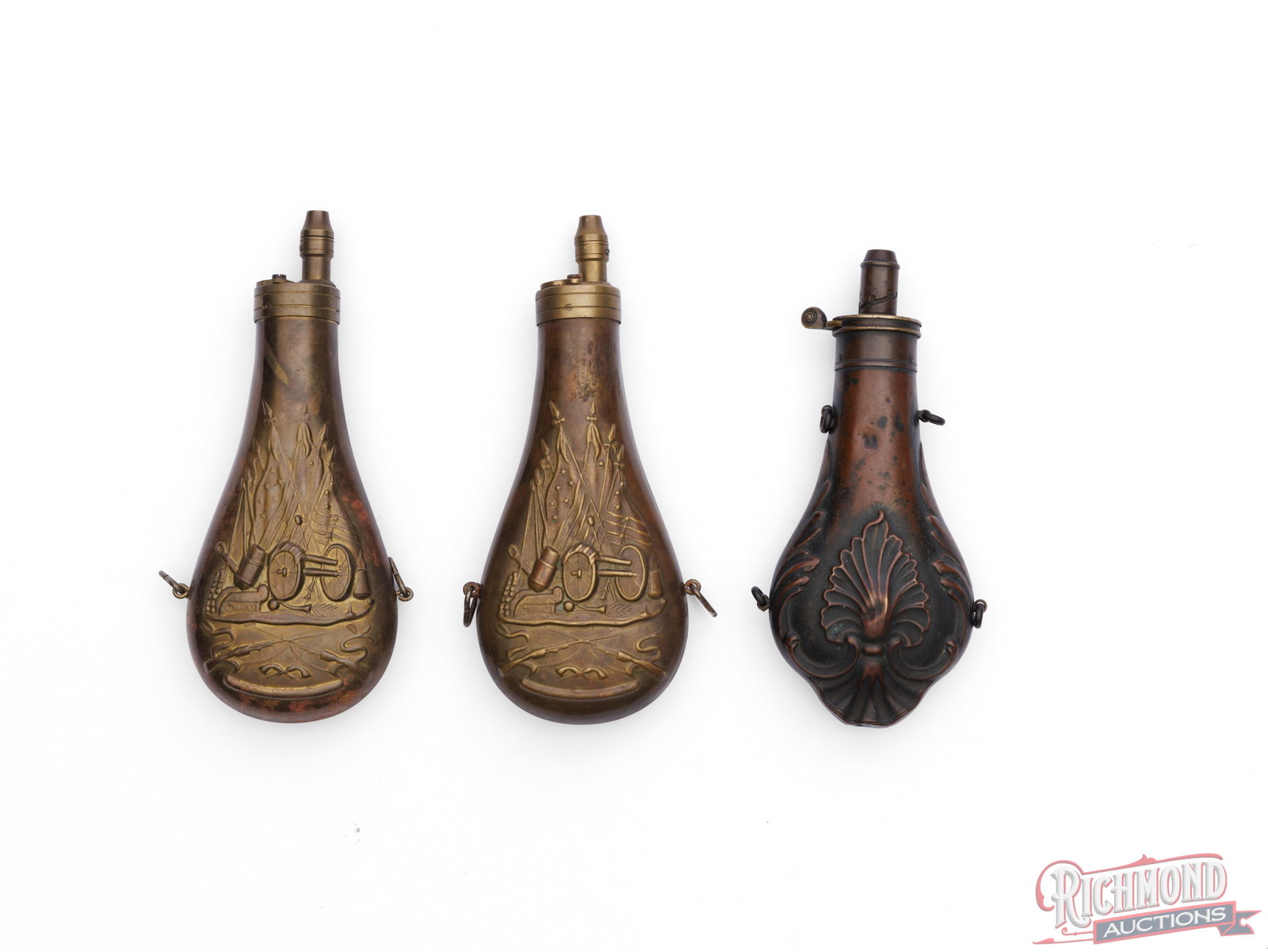 Lot of Three Vintage Copper Powder Flasks (1 of 3)