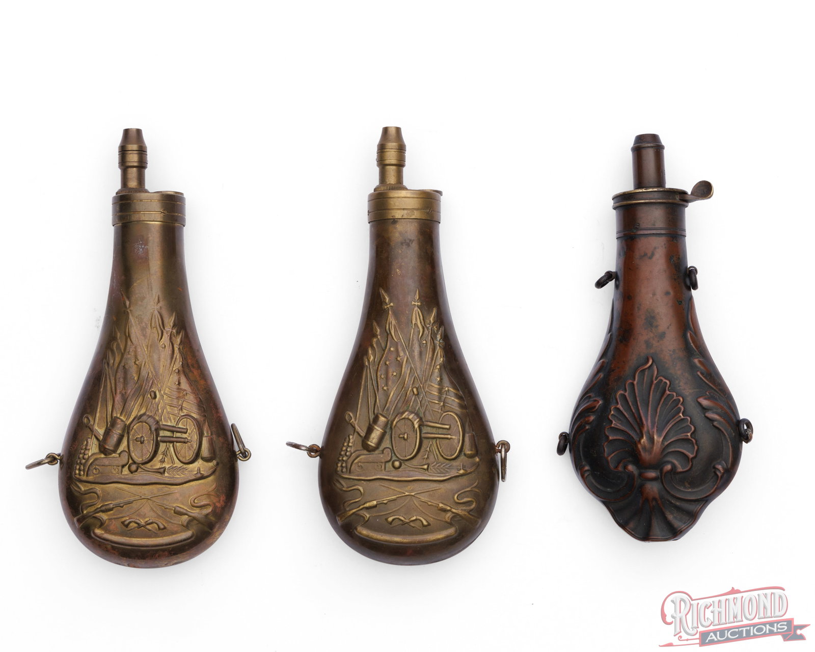 Lot of Three Vintage Copper Powder Flasks - 2