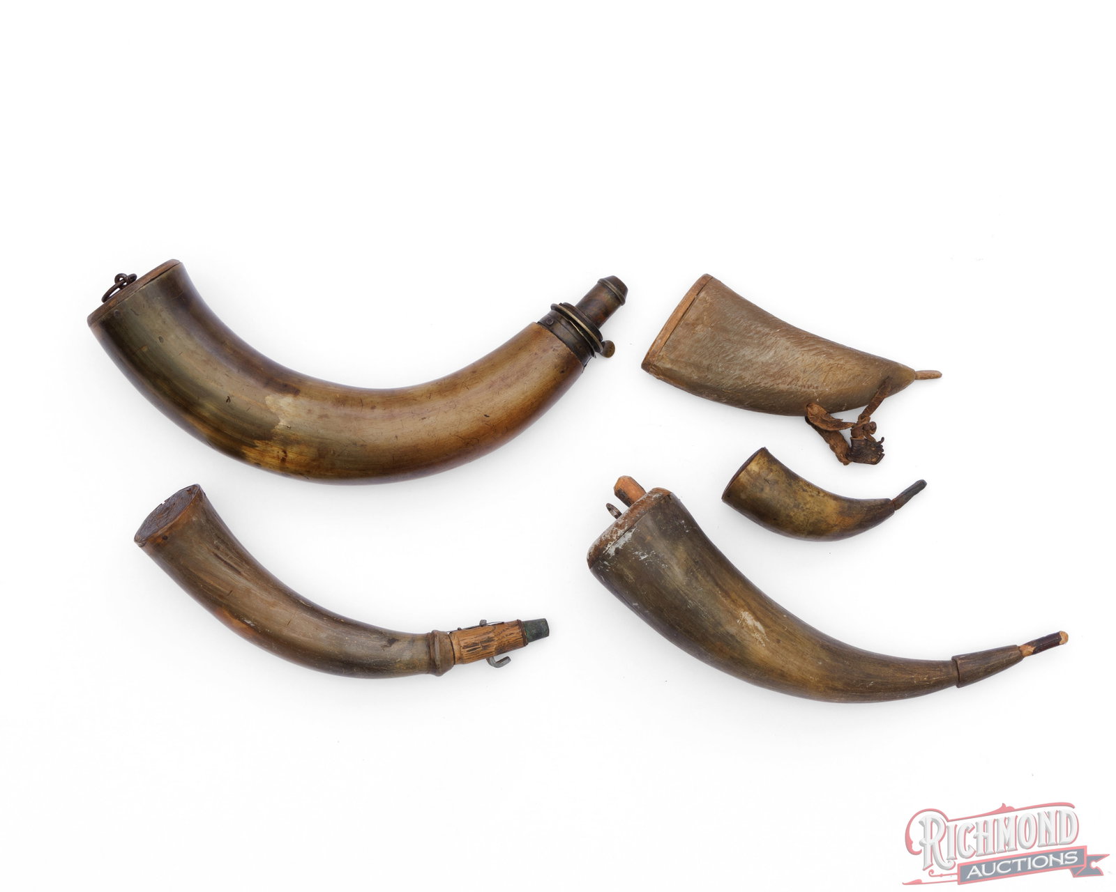 Lot of Five Vintage Bull Horn Black Powder Flasks - 2