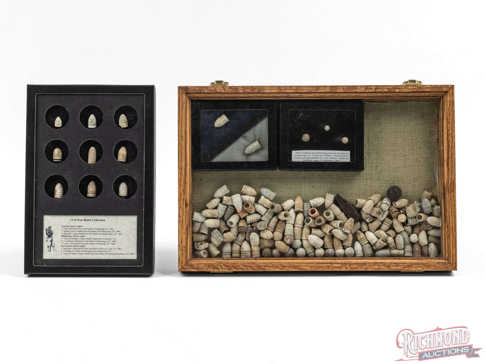 Collection of Civil War Musket and Minie Ball Bullets In Display Cases: This collection consists of over a hundred various Civil War era lead bullets. In this collection is one display featuring 9 different bullets said to be found at battlefields from Virginia, Georgia