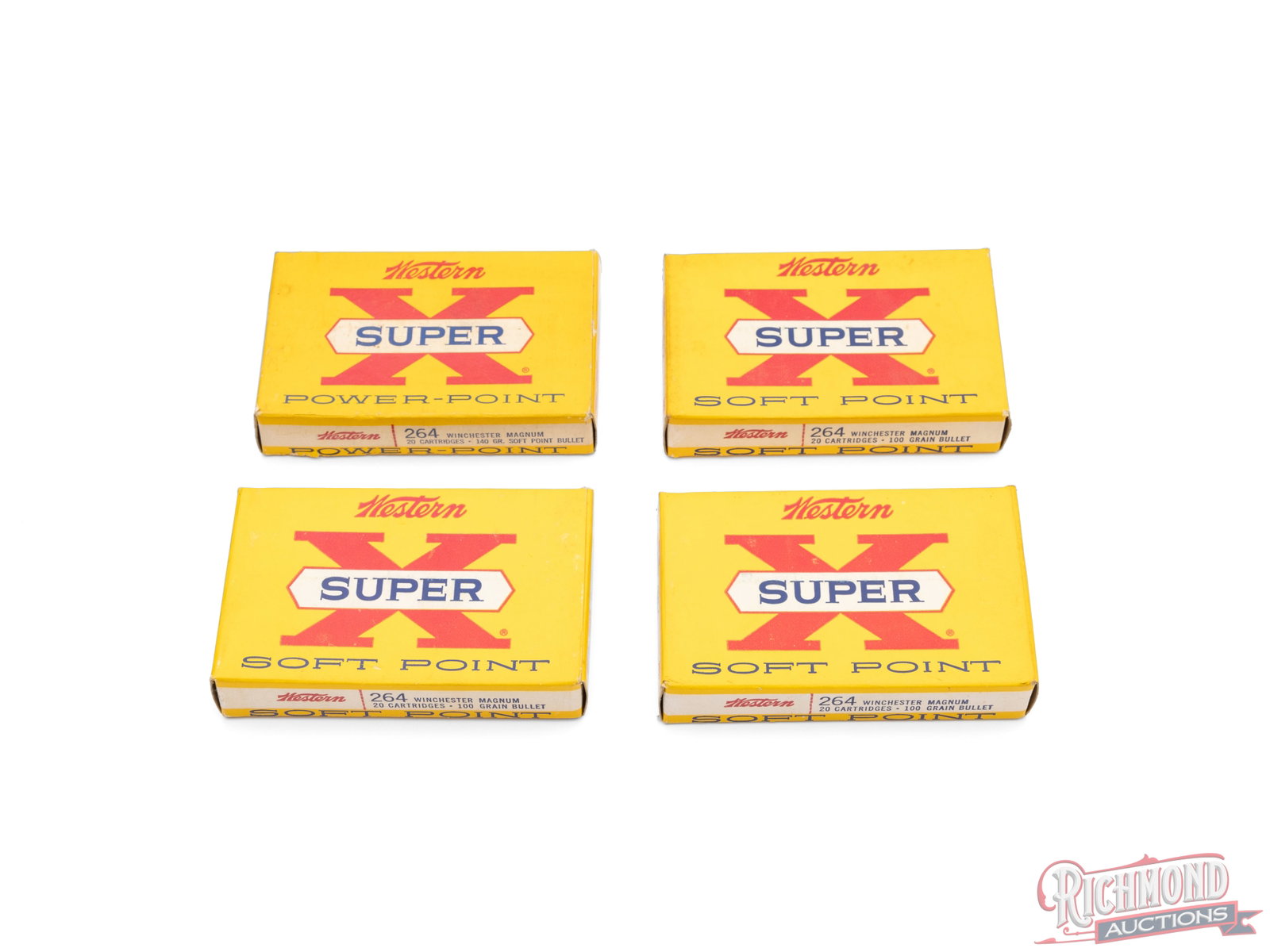79 Rounds of Western Super X .264 Winchester Magnum Soft Point Ammo Cartridges: In this lot is 4 boxes of Western Super X 264 Winchester Magnum Cartridges. Three boxes are full and one is missing one round. The cartridges have 100 grain soft point bullets with a velocity of 3700