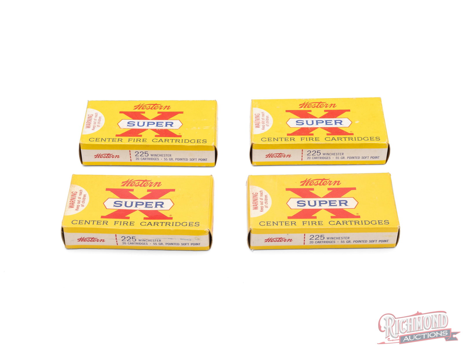 80 Rounds of Western Super X .225 Winchester Soft Point Ammo Cartridges: This is a lot of 4 four full boxes of Western Super X 225 Winchester Cartridges. Each box contains 20 rounds of 55 grain soft point cartridges. CALIBER/GA: 225 Winchester. Condition VERY GOOD