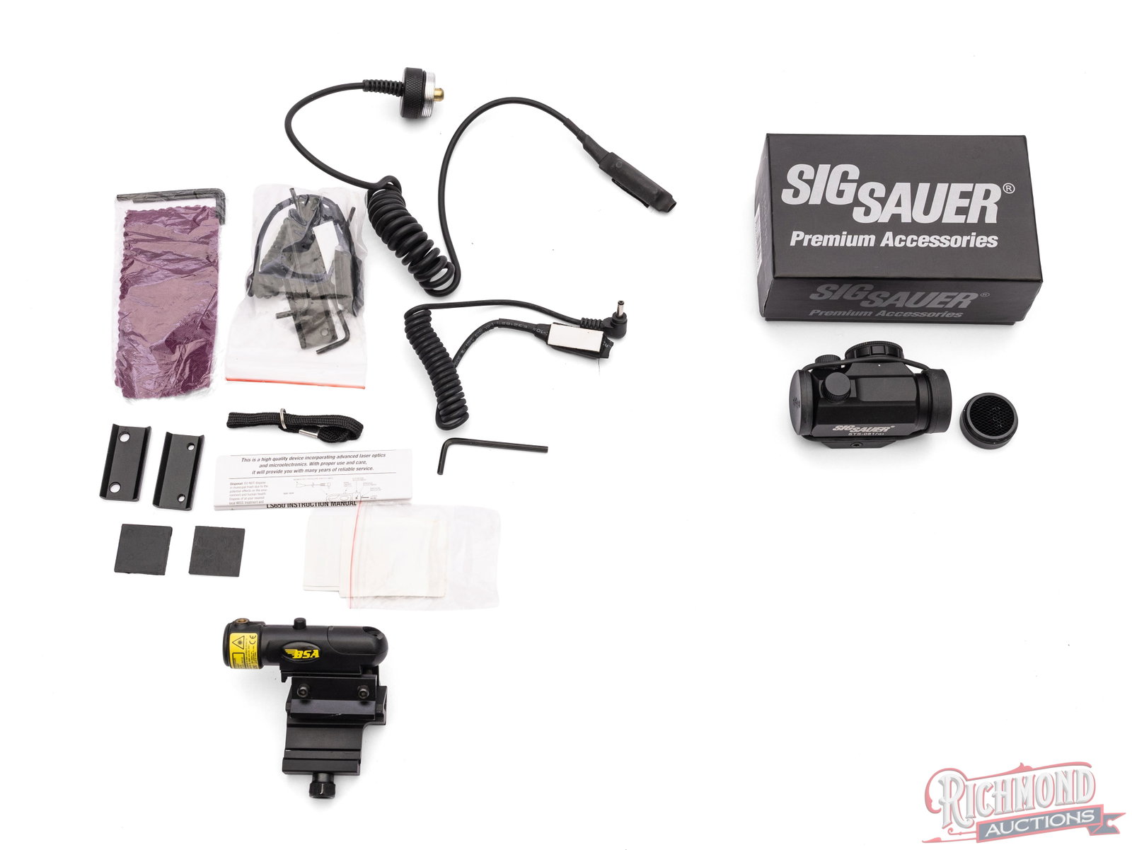 Sig Sauer STS-081 Mini Red Dot With Picatinny Mount & Laser: This setup features a Sig Sauer STS-081 Mini Red dot with box and accessories. The dot still has the lens covers, tools, and spare battery. The optic has 11 setting for brightness. Also included is a 