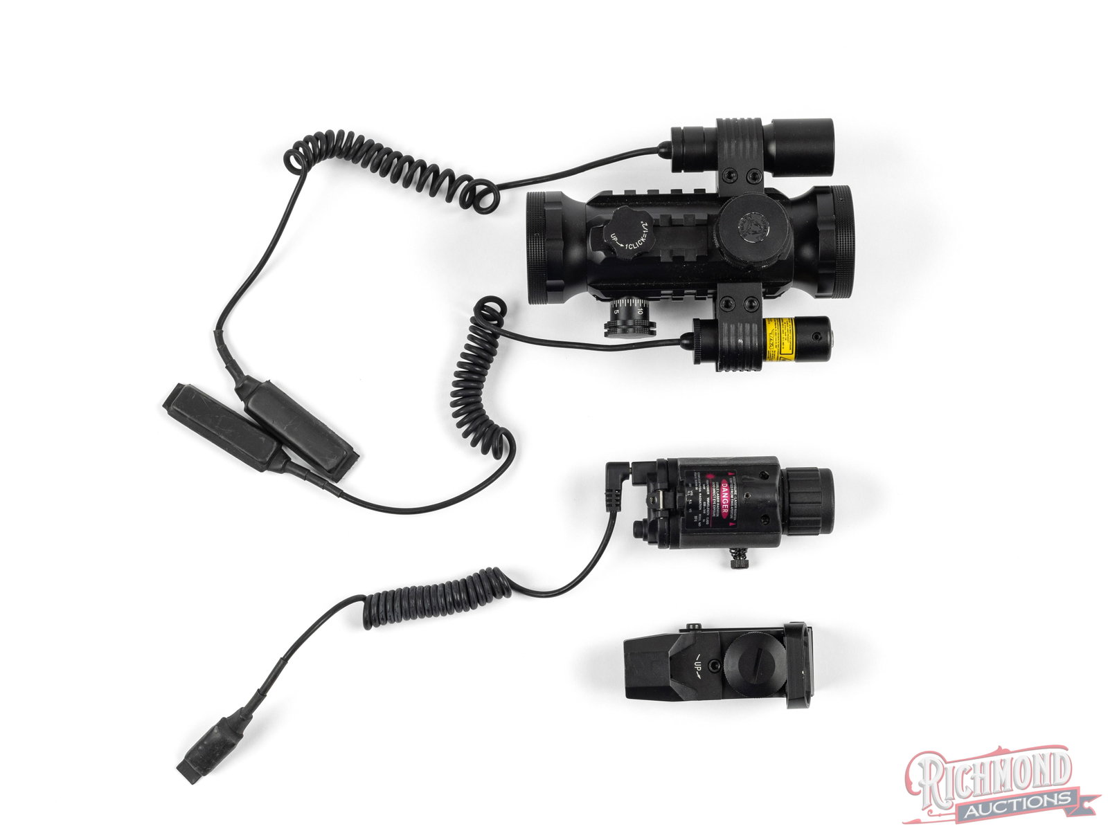 Pair of Tactical Red Dot Optics With Lights & Laser Sights: This lot contains 2 different red dot optics with lights, lasers, and switches. The first is a BSA red/green dot optic with a light and laser dot mounted on each side. The base has a picatinny rail