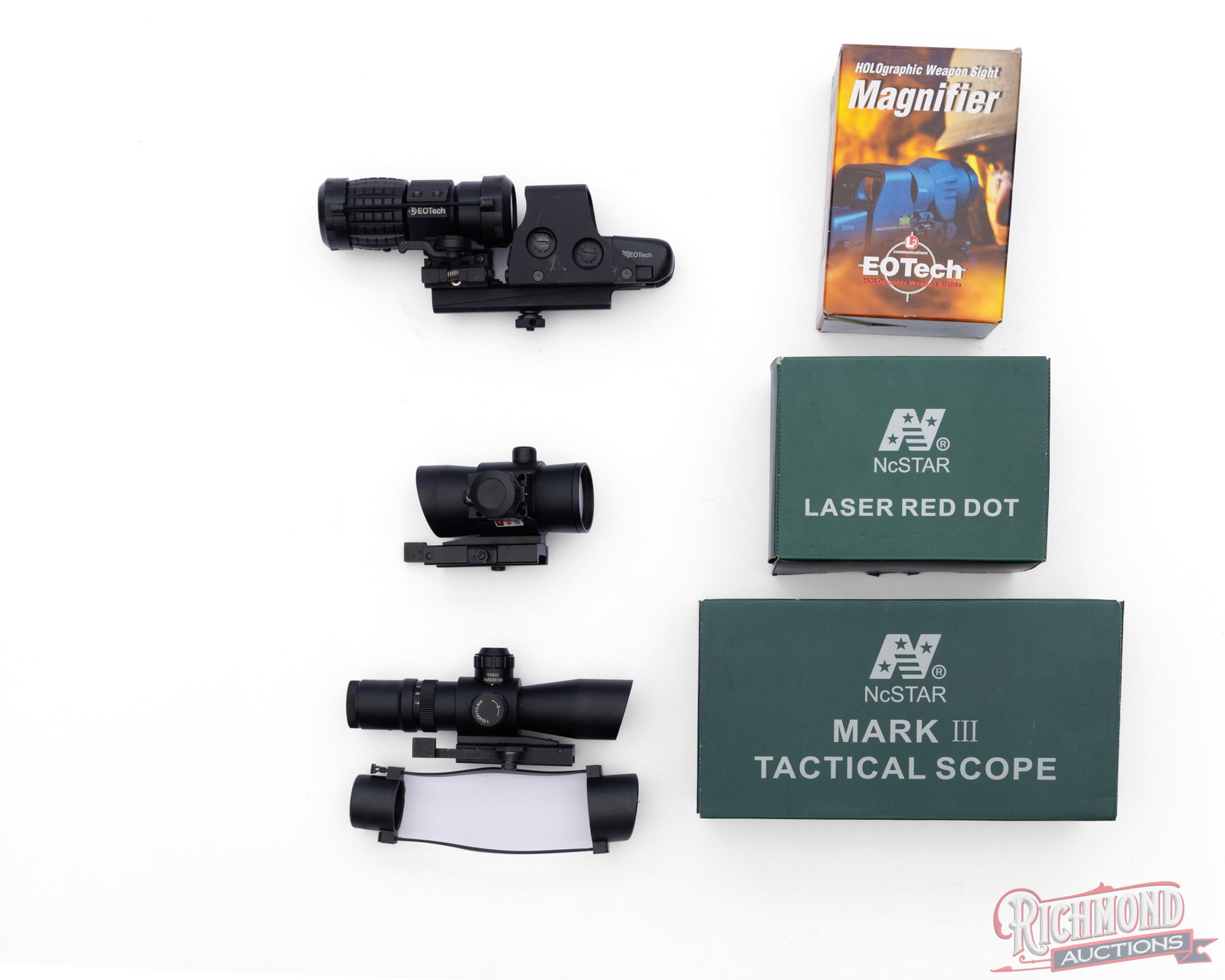 Lot of Optics EOTech Sight & Magnifier, NcStar Red Dot & Tactical Scope (1 of 3)
