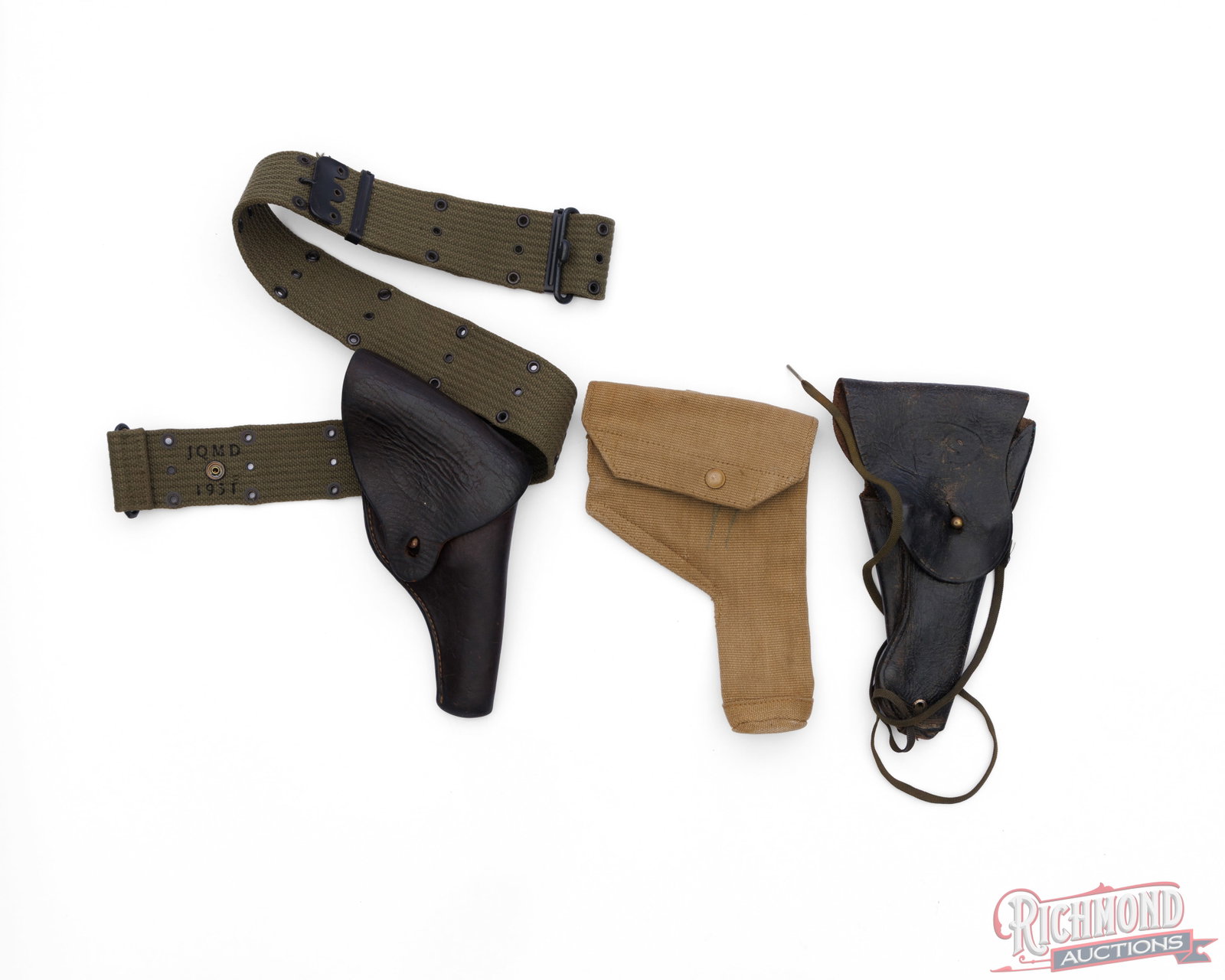 Lot of 3 Military Style Holsters With Utility Belt: This lot contains two leather and one canvas style holster. There is on British style canvas holster with a brass button snap. The inside of the flap has the stamp " Medco. 1943" with the British