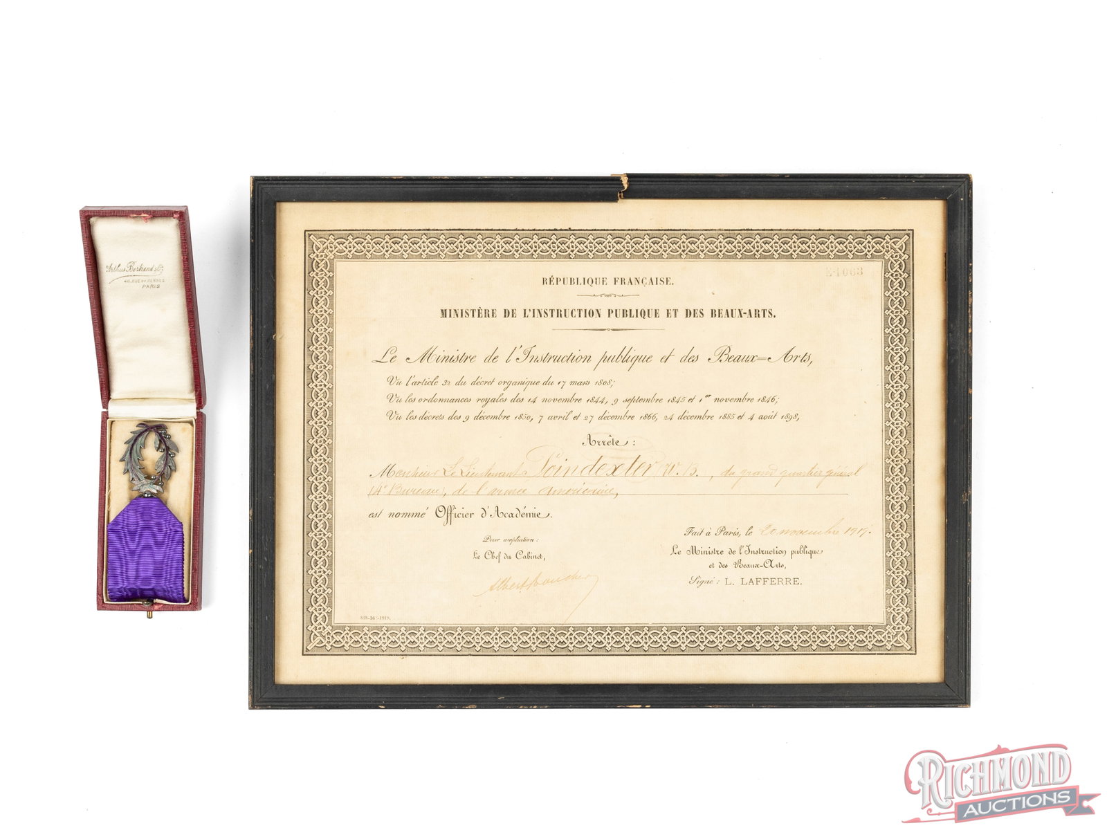 French Ordre Des Palmes Medal And Certificate: The French Ordre des Palmes acadqmiques medal honors individuals for their service for education and cultures. Commonly known as the Academics Palm, It features a purple ribbon with a laurel wreath.