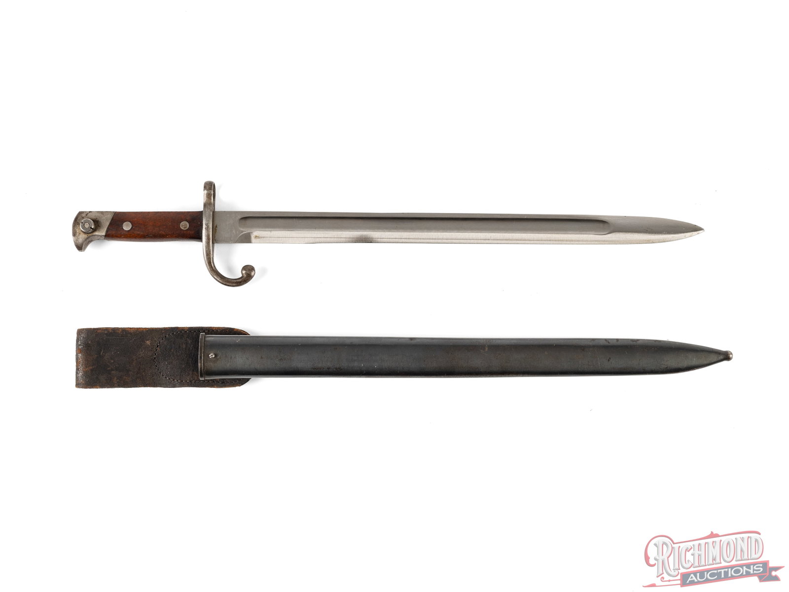 French 1914 Lebel Contract Rolling Block Bayonet: Unmarked steel sheathed bayonet that seller states is for 1914 Lebel contract rolling block. 16" steel blade with wooden two piece slab grips and push button locking system. No marks except "92" on