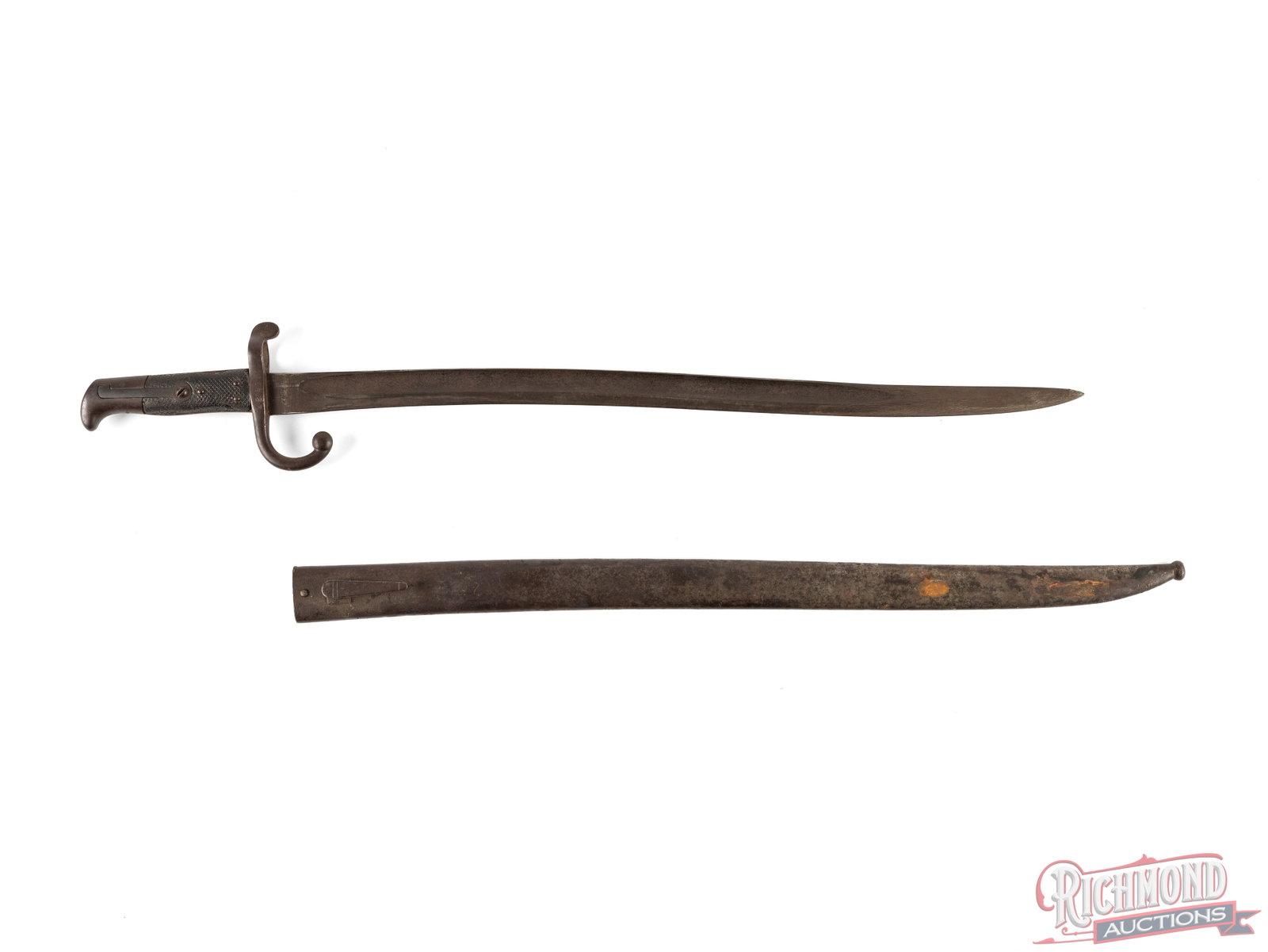 Weyersburg and Hirschbaum Bayonet for Remington Rolling Block: Made by Weyersburg and Hirschbaum in Solingen, Germany for use with Remington Rolling Block with unit marking, checkered wood handle and steel scabbard. Condition FAIR with some oxidation