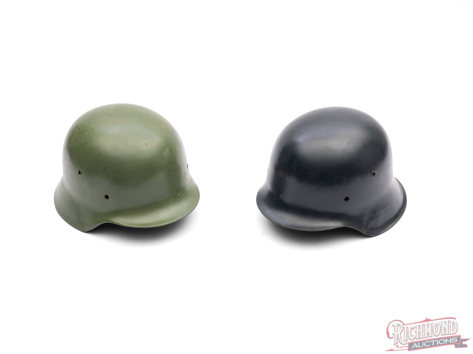 Lot of Two Partially Restored Original German WWII Military Helmets: Lot consists of blue painted M-35 and green painted M-42 steel German Stalhelm helmets with no liners. Great for re-enactors. Condition GOOD as partially restored
