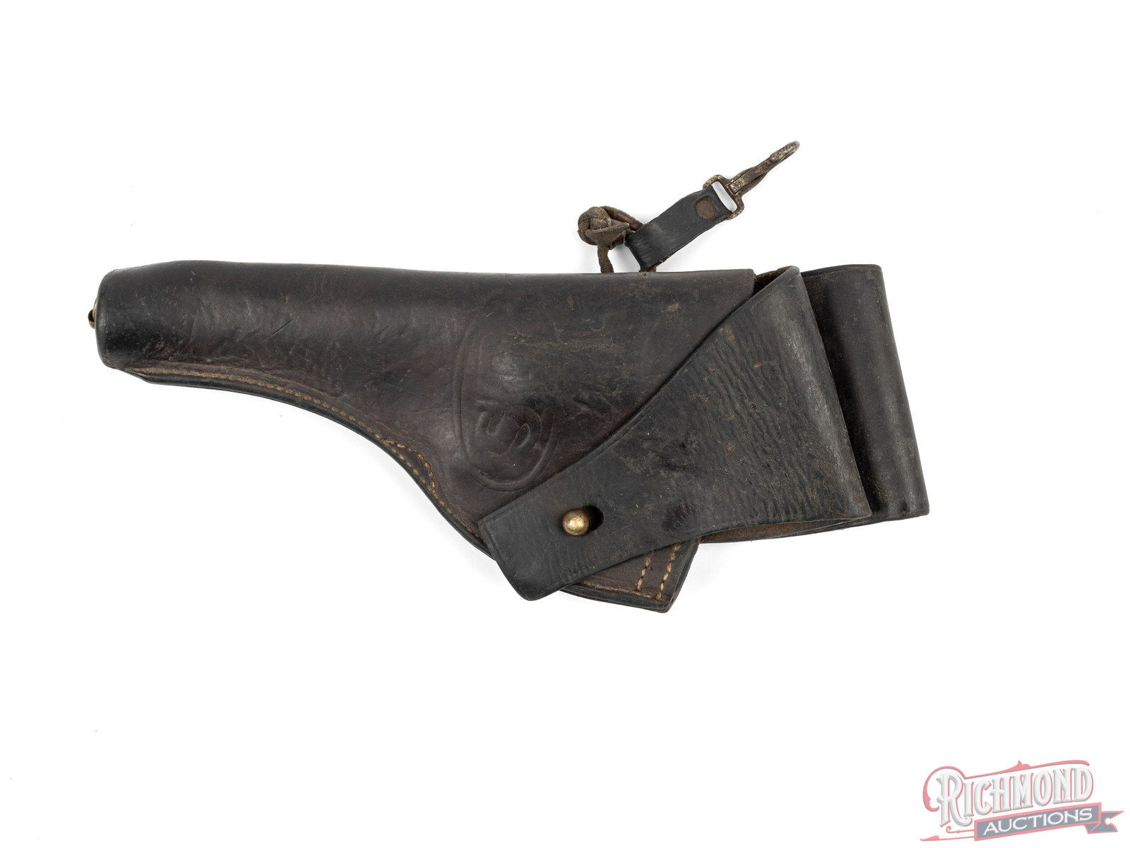 US Marked Cavalry Leather Holster For Model 1909 and 1917 Revolvers: This leather holster features a faded US marking on the front and brass rivets and loop at the bottom. Under the belt loop, there is a leather lace with an attached clip. This holster is made to fit