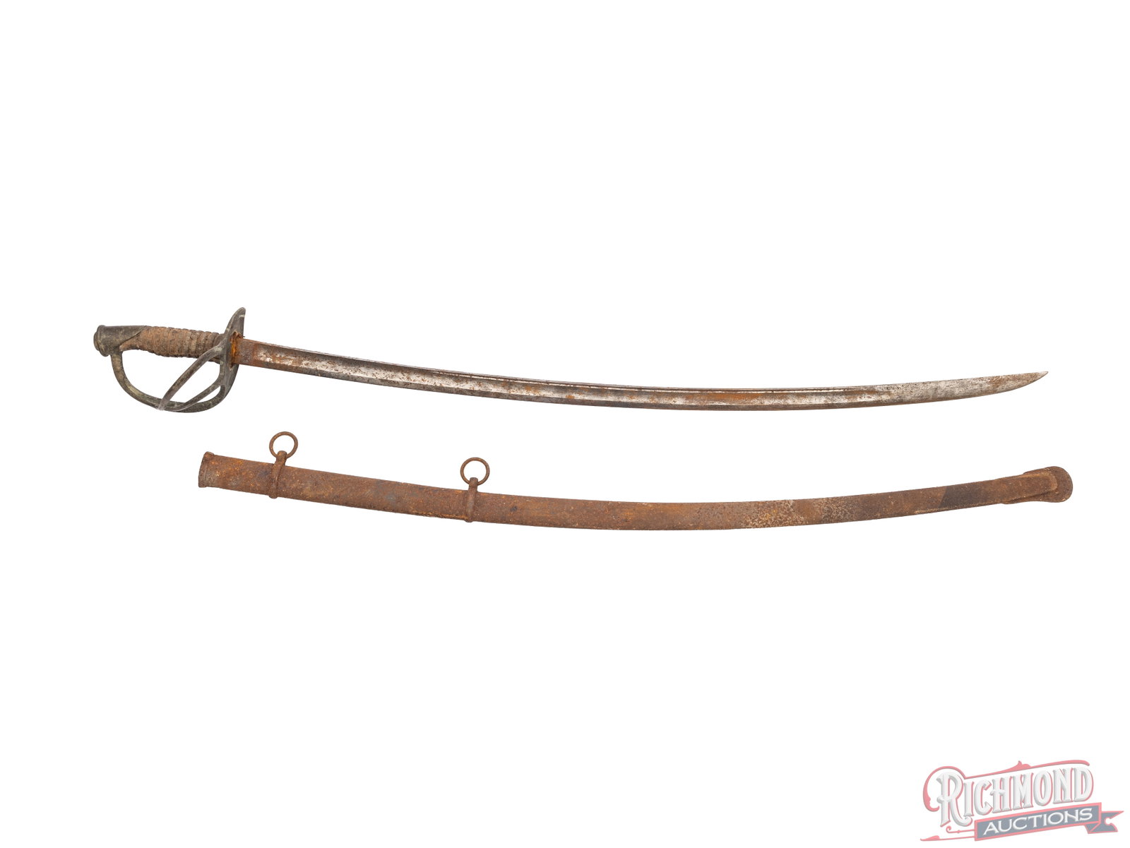 Civil War Era Henry Boker Model 1860 Cavalry Saber With Scabbard: This Cavalry sword is a model 1860 saber made by Henry Boker. It features a 34" curved one sided blade with brass handguard and leather grip. The scabbard has two rings and has no visible markings.