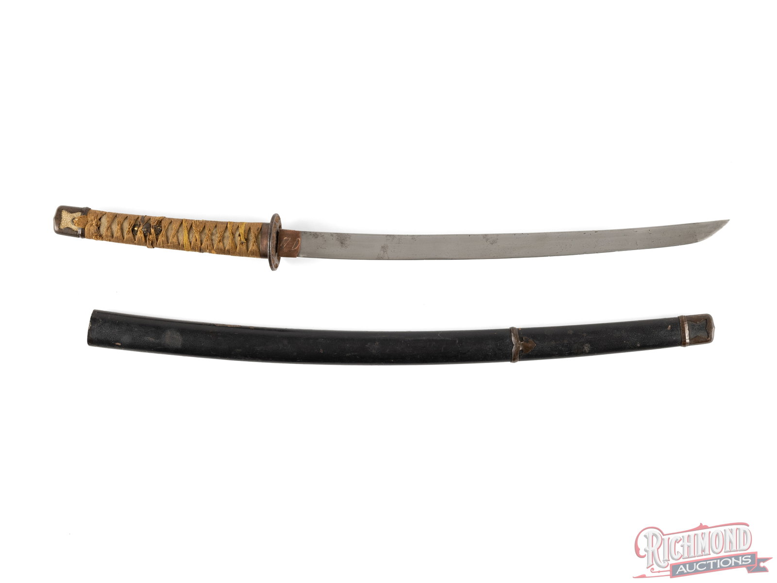 Shortened Project Katana Sword: This sword features a sharp 17" blade that appears to have been shortened and measures 27 " overall. It fits into a full length scabbard that measures 25 1/2" overall. The handguard is very loose