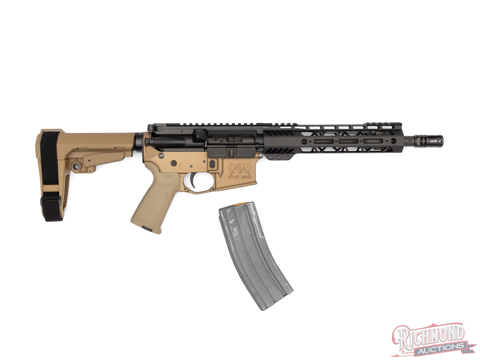 DTWS Arms DTWS-13 Semi-Automatic Pistol 10 1/2" Barrel 5.56 NATO: This DTWS-13 AR style pistol was made by DTWS Arms in Hodges, SC and chambered in 5.56 NATO. It features a 10 1/2" barrel with a 9" PSA MLok handguard and Picatinny rail at front for a front sight