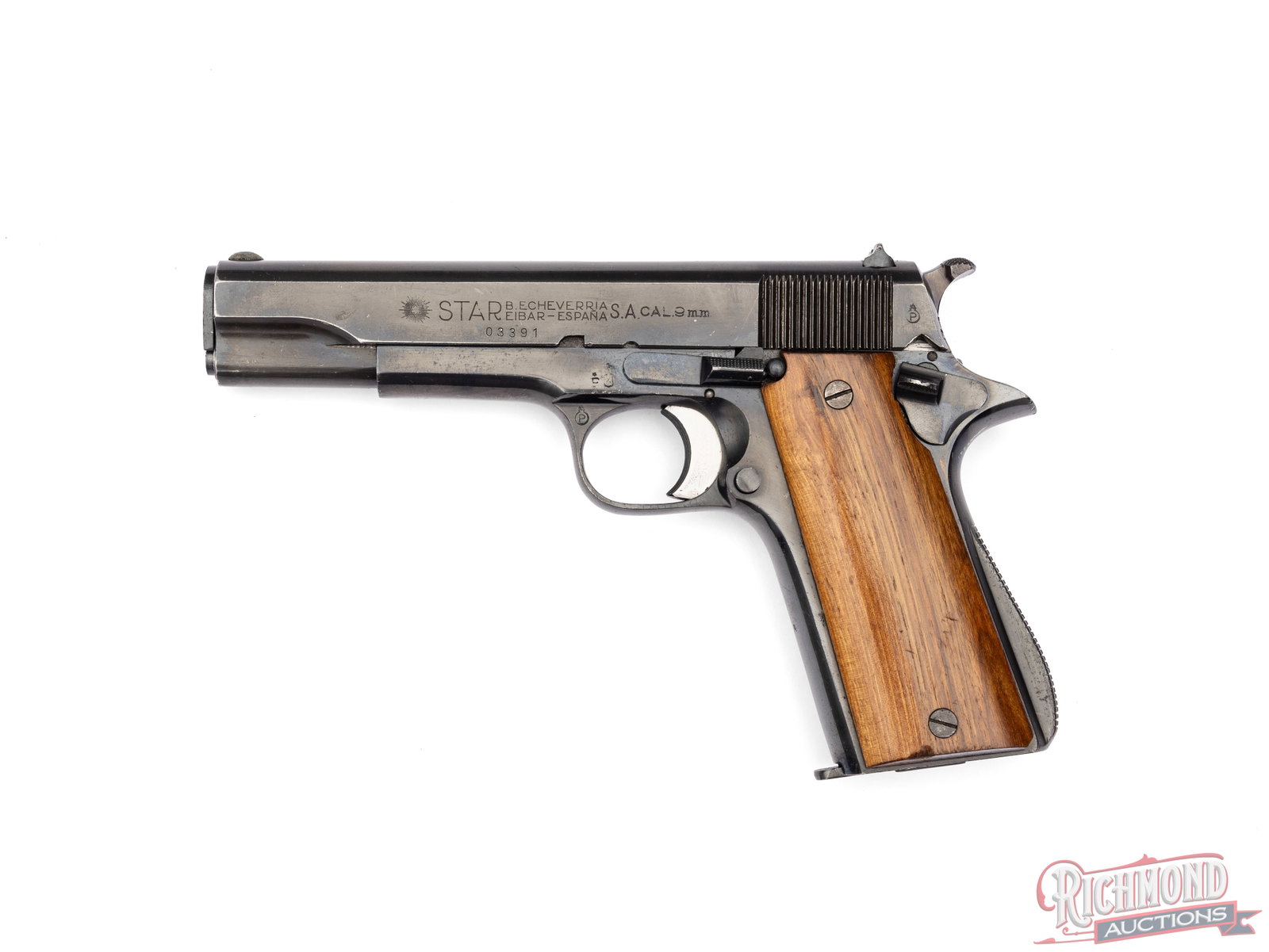 1945 Spanish Star Model B 9mm Semi-Automatic Pistol: Manufactured by Star in Spain circa 1945. Features a 5" barrel, low profile notch and blade sights. Blued finish with Eibar proof marks on the slide, barrel and frame. Single semi-automatic action
