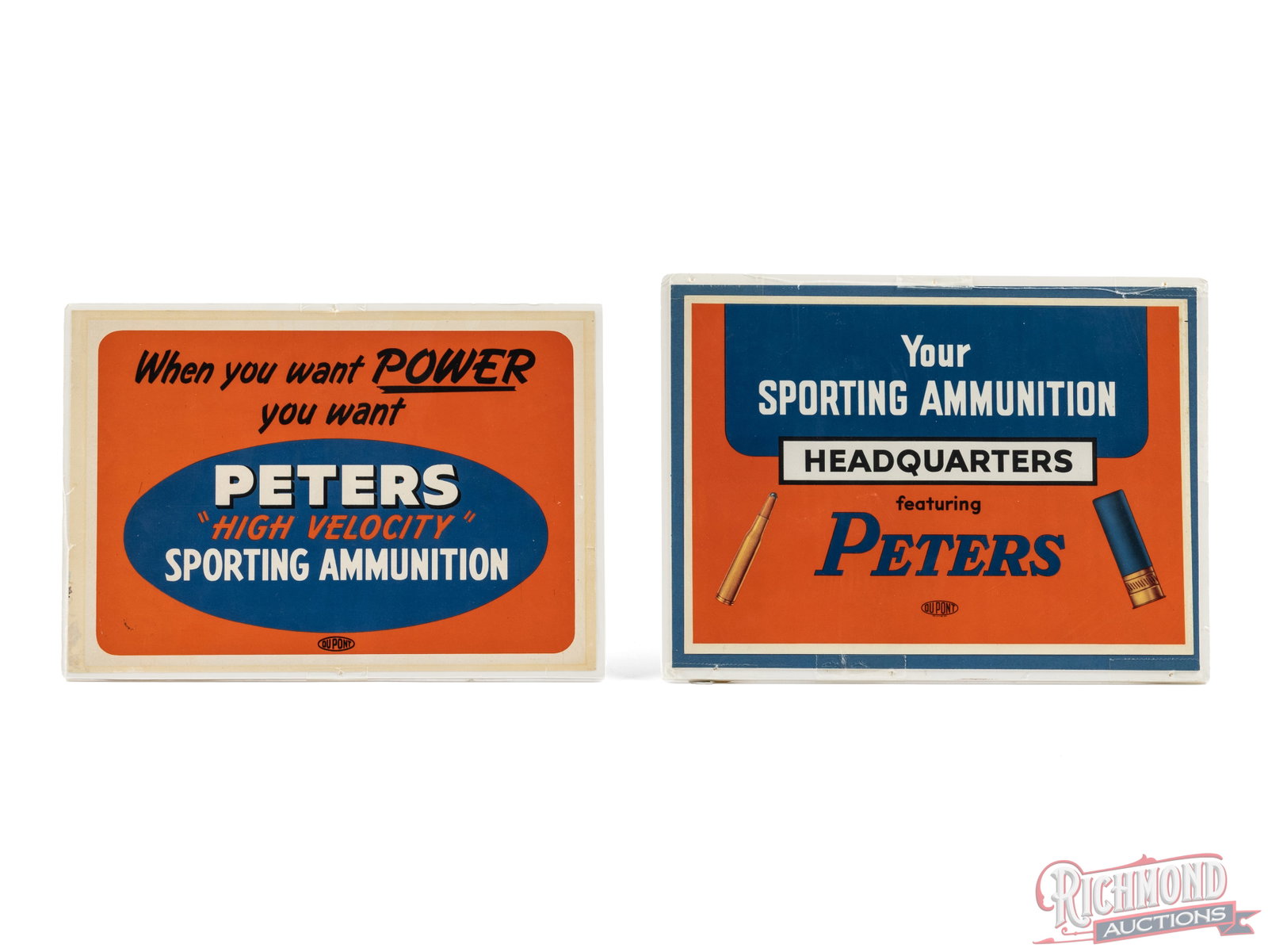 Two Peters Sporting Ammunition Signs: In this lot is 2 Peters signs highlighting sporting ammunition. The first sign measures 8 1/4"x 11 1/4" and states "Your Sporting Ammunition Headquarters for Peters". The second sign is 8"x 11" and