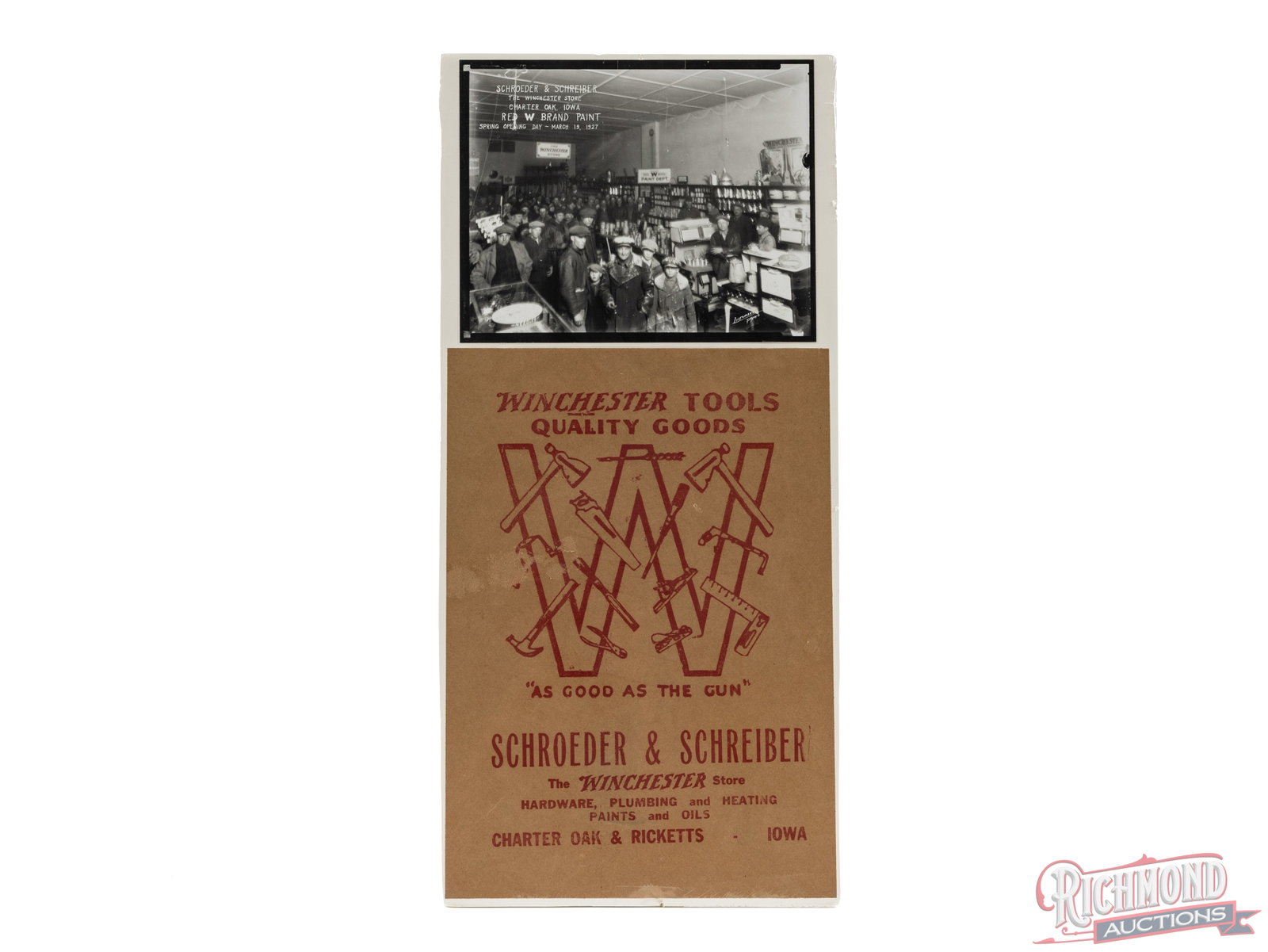 Photo And Advertisement For Schroeder & Schreiber "The Winchester Store" Charter Oak, IA: This is a brown paper advertisement for The Winchester Store in Charter Oak, IA. It was the Schroeder & Schreiber Hardware store. Also included is a photo from the store on its opening day March 19, 1