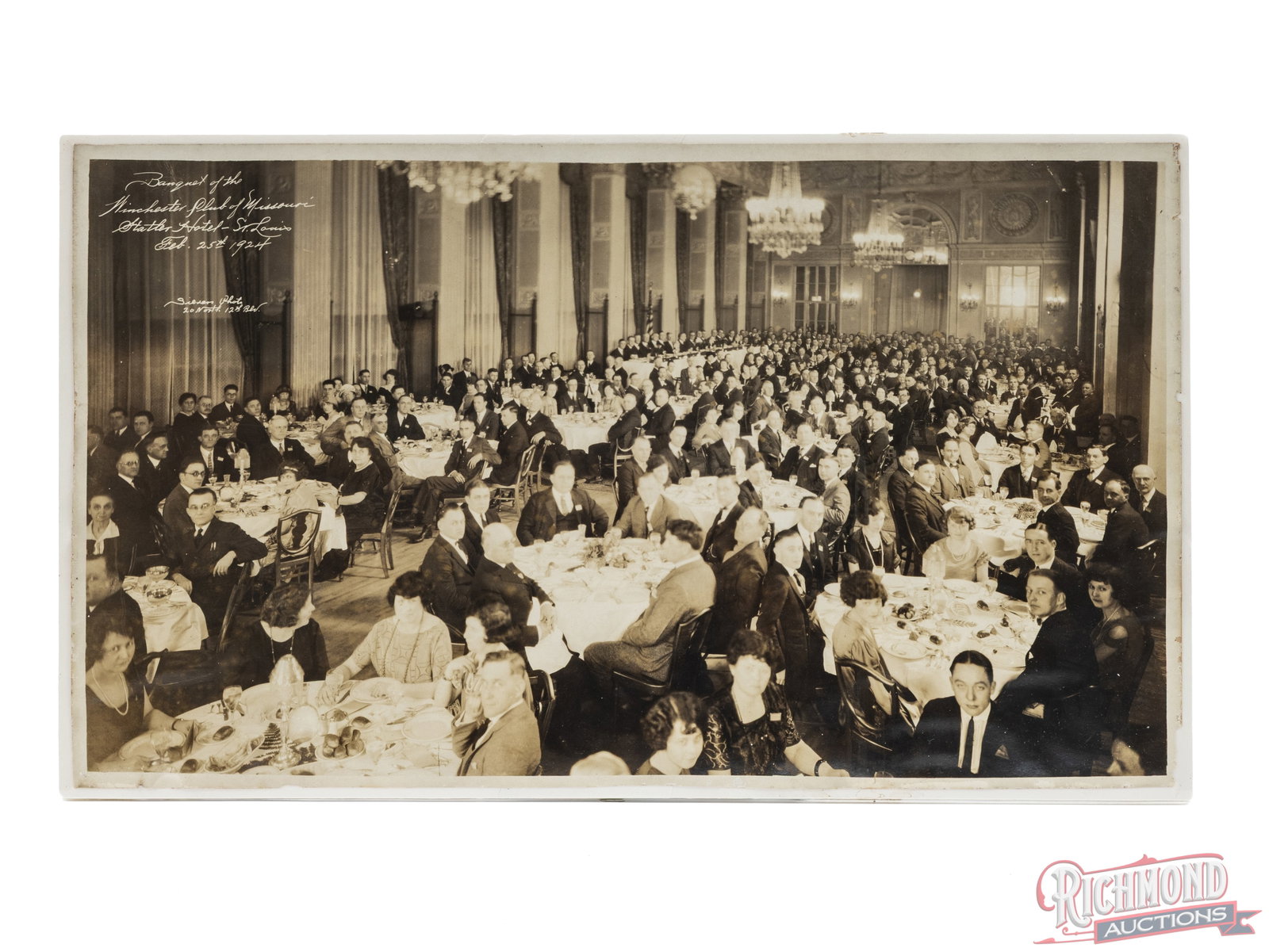 12"x 20" Photo of Winchester Club of Missouri Banquet Circa 1924: This photo features the members of the Winchester Club of Missouri. The banquet was held at the Statler Hotel in St. Louis, MO and dated February 25, 1924. Condition GOOD