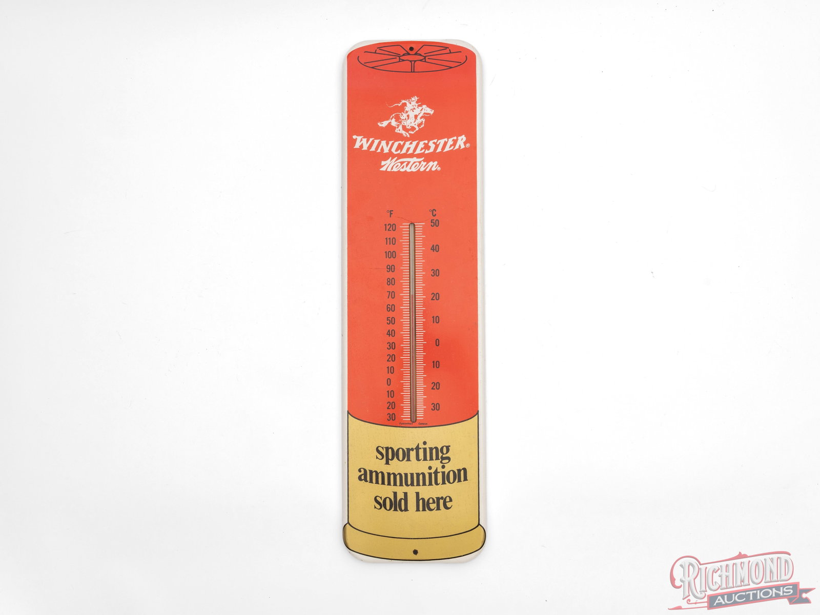 Winchester-Western "Sporting Ammunition Sold Here" Shotgun Shell Thermometer: This thermometer was made by Winchester-Western for use of advertising in retail stores. It measures 7 1/2" wide x 27" tall with the front painted like a shotgun shell. The bottom of the thermometer r