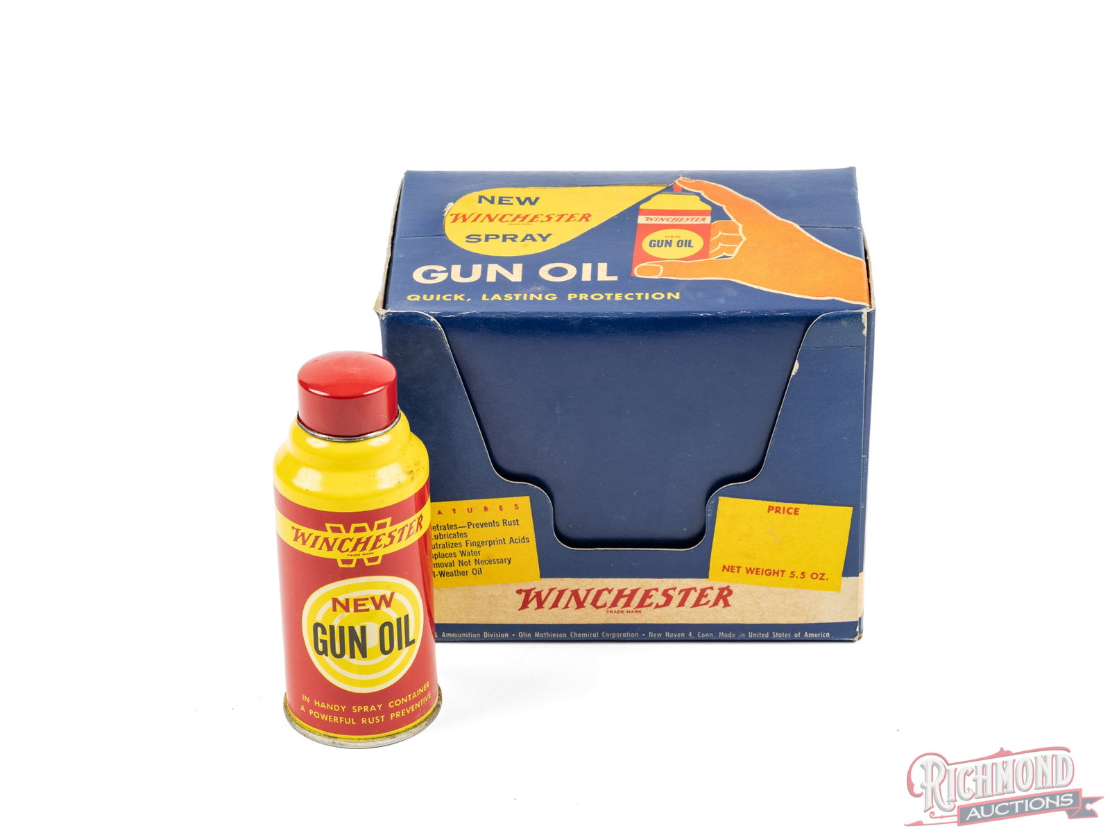 Winchester Spray Gun Oil Countertop Display: This countertop display originally showed 6 cans of Winchester's New Spray Gun Oil. The display contains one original 5.5 oz bottle of the gun oil with cardboard divider inside. Condition GOOD
