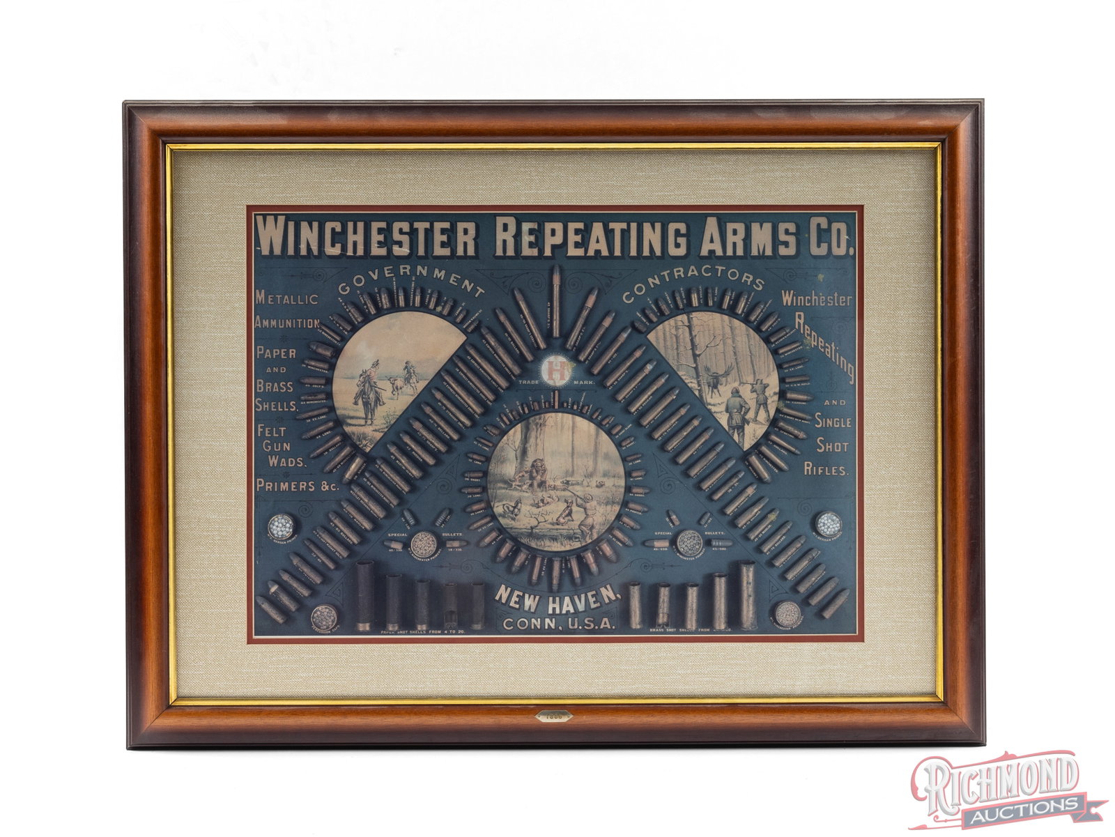 Framed Reproduction 1886 Winchester Cartridge Lithograph: Professional framed reproduction 1886 Lithograph of Winchester cartridge offerings measuring 29" x 22" Condition EXCELLENT with clear graphics