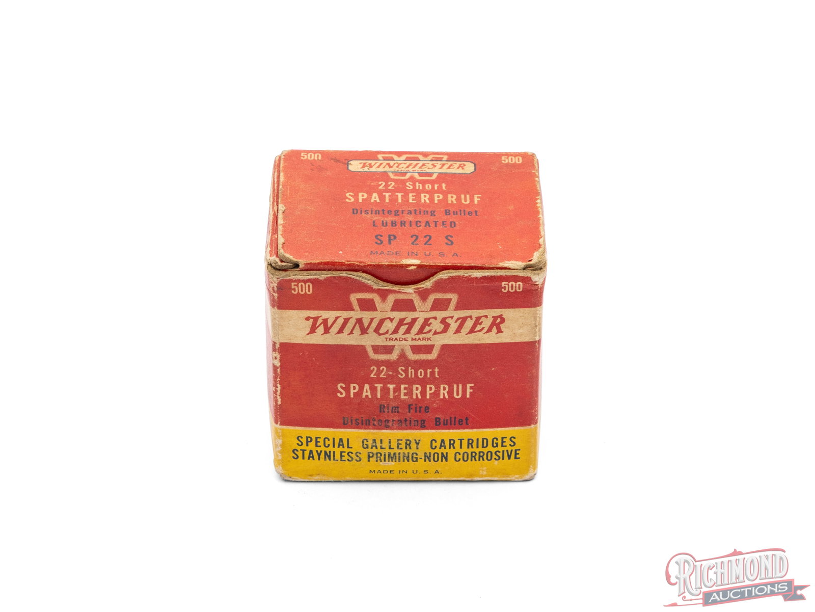 Partial 500 Count Box of Winchester .22 Short Spatterproof Gallery Cartridges: These .22 short Spatterproof Gallery Cartridges were made by Winchester Repeating Arms Co. The box is filled up to 1" from the top of the box. CALIBER/GA: .22 Short. Condition GOOD