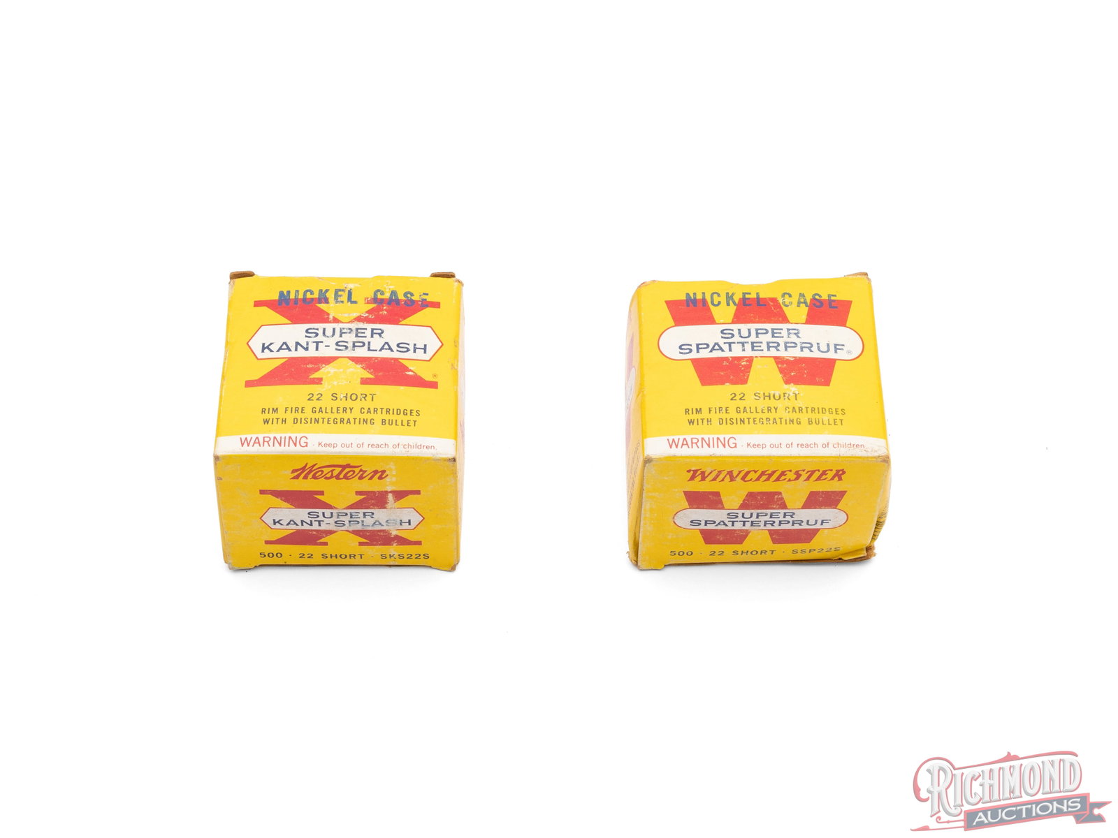 1000 of .22 Short Winchester Super Spatterproof And Western Super Kant-Splash Gallery Cartridges: This lot contains 2 boxes of 500 .22 Short gallery cartridges. One is a box of Winchester Super Spatterproof Nickel Case and the other is a Western Super Kant-Splash Nickel Case. Both boxes appear to