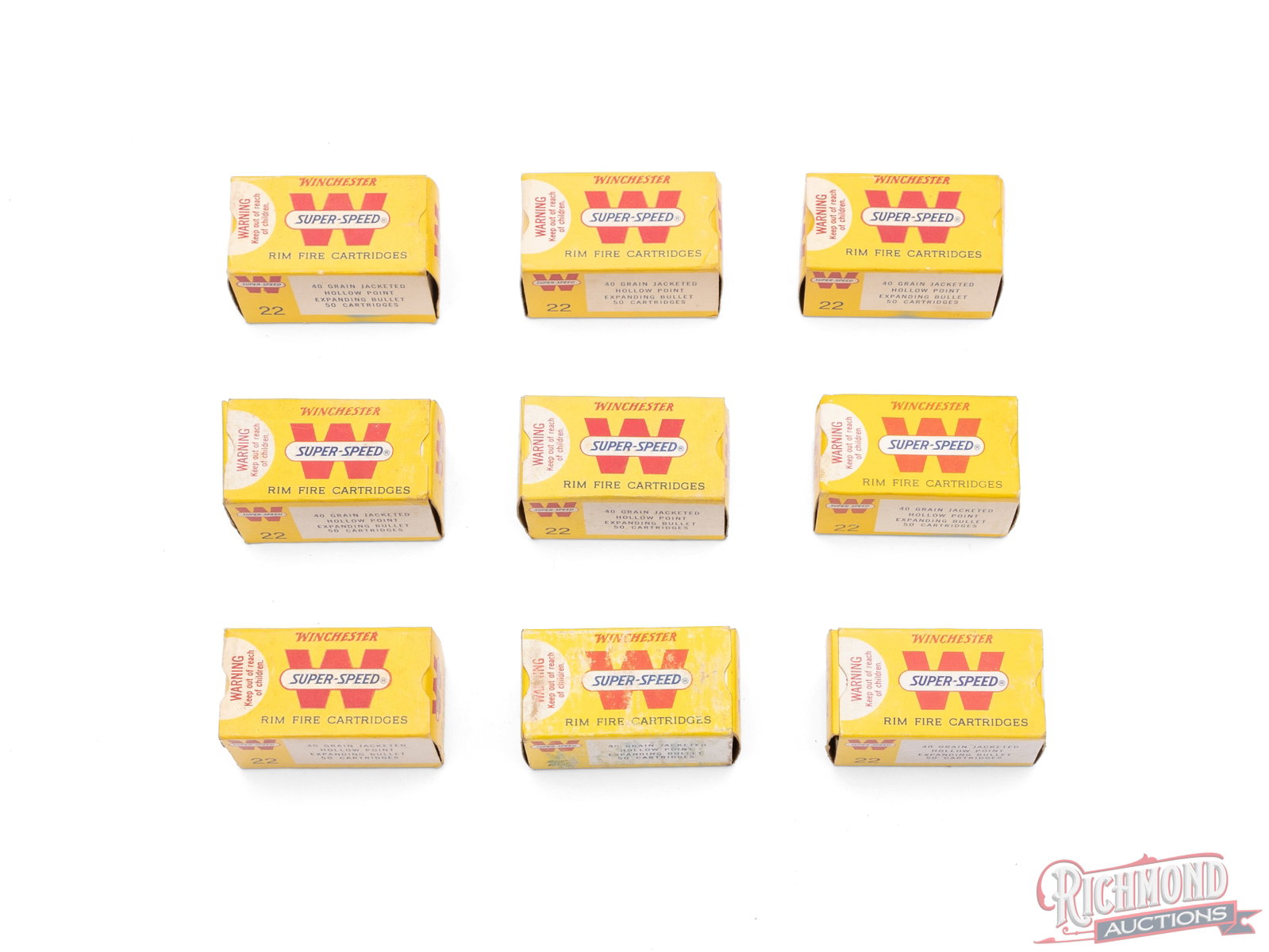 450 Rounds of Winchester Super-Speed .22 Magnum Rimfire Cartridges: In this lot is 9 full boxes of Western Super-Speed jacketed hollow point magnum rimfire cartridges. Most boxes retain its bright color and will display well while cartridges are clean. CALIBER/GA: