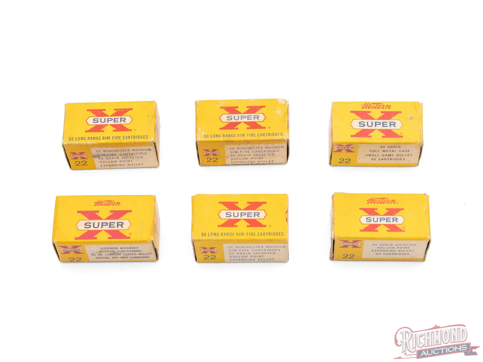 225 Rounds of Vintage Western .22 WMR And 50 Western .22 WRF Super X Cartridges: This lot contains 6 Western Super X boxes of .22 WRF and .22 WMR. there is one 50 round box of .22 WRF Lubaloy coated cartridges and 4 full and one partial box of .22 WMR. The 4 full boxes contain jac
