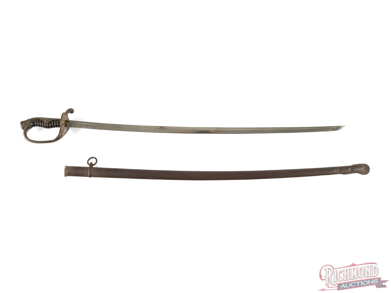 Japanese officer's Dress Sword: This type of Japanese dress sword was used by military and police. It features a 29" blade and measures 34" overall. The blade has no visible markings. The Scabbard, handguard, and hilt have turned